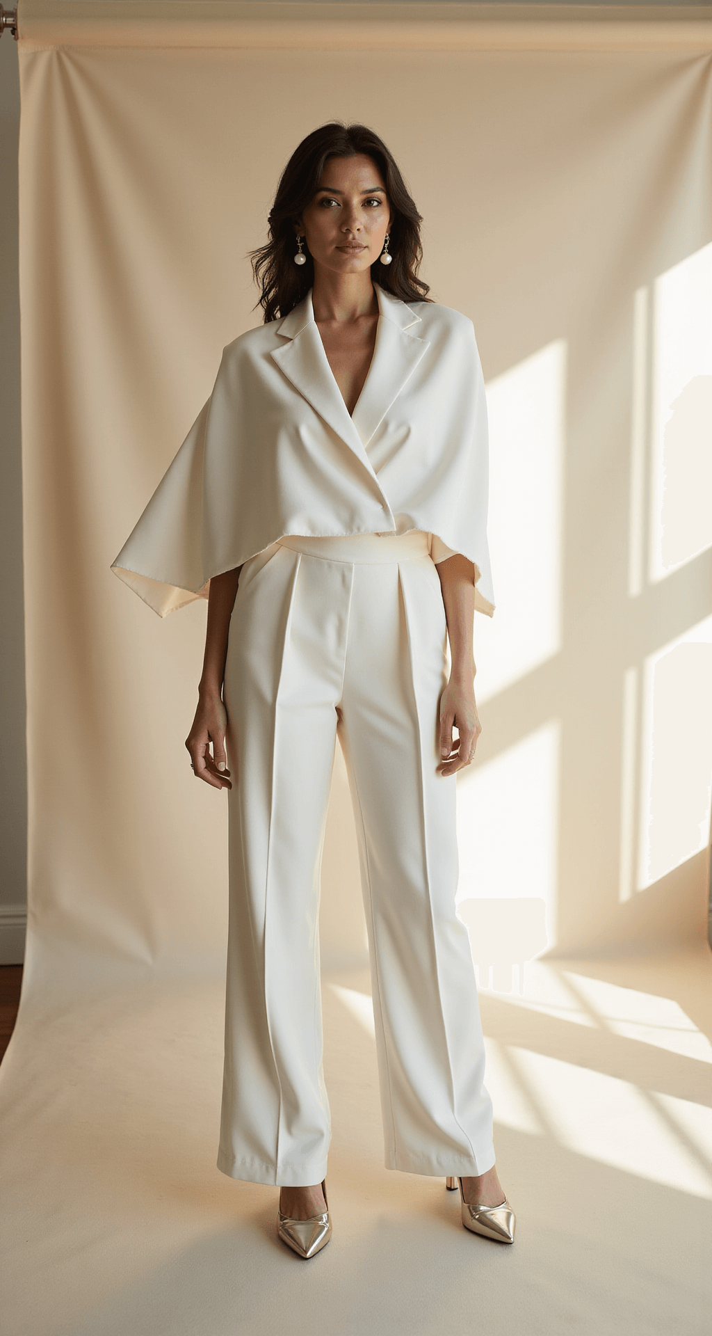 Fashion-forward bride-to-be in a modern ivory jumpsuit with a dramatic cape overlay, posing in a luxurious indoor studio with soft window light against a minimal cream backdrop, showcasing clean lines and architectural details, styled with pearl drop earrings and metallic stilettos.