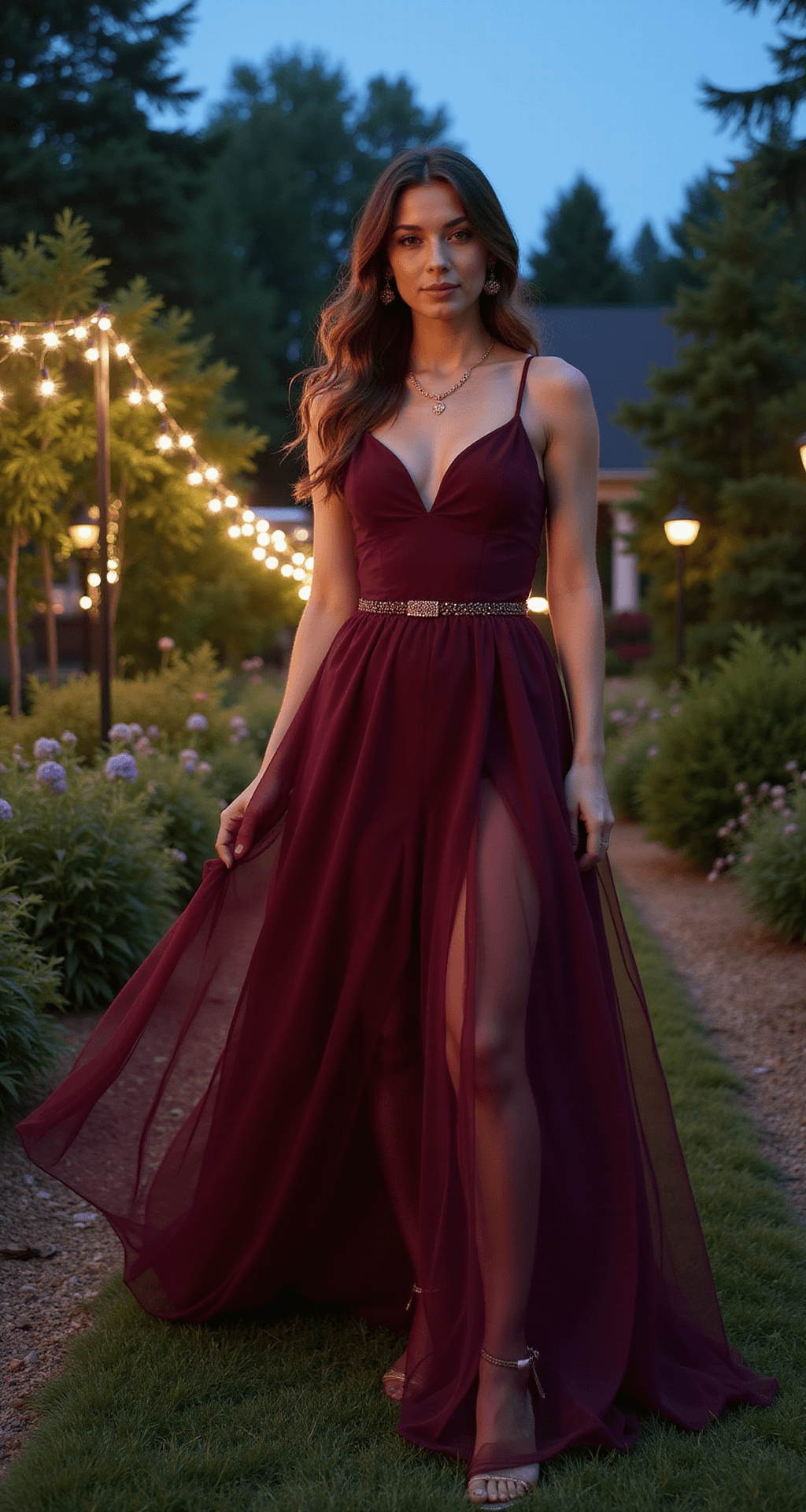 A garden engagement scene at blue hour featuring a person in a deep wine-colored fusion gown with contemporary draping and sheer accents. The gown's fitted bodice transitions into an ethereal skirt adorned with subtle sparkle. The subject wears rose gold minimalist jewelry and strappy sandals, captured from above to highlight the dress's movement among garden elements, illuminated by soft artificial lighting mingled with natural dusk light.