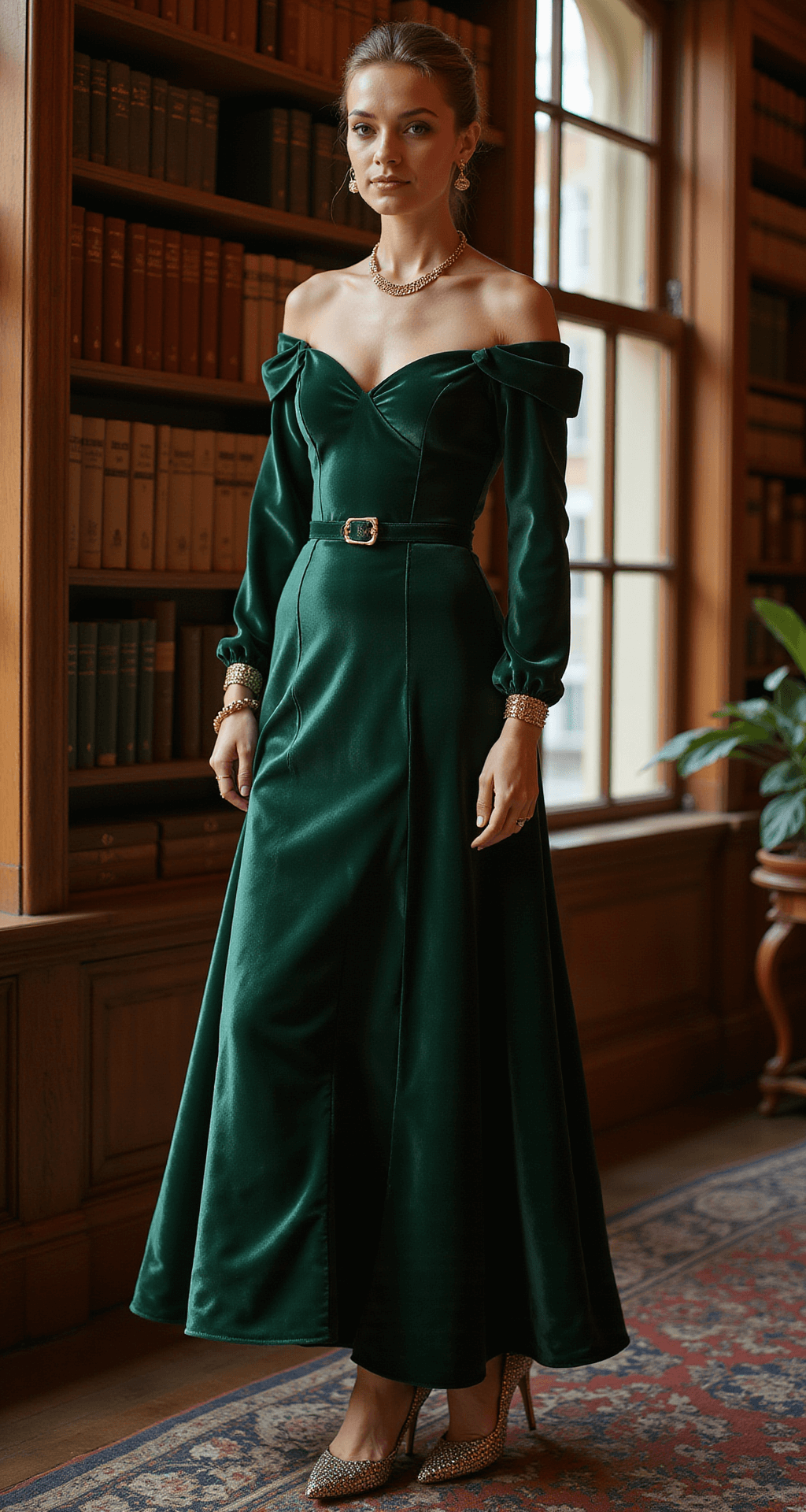 A vintage-inspired library with warm ambient lighting features a model in an emerald green velvet off-shoulder gown, showcasing a classic A-line silhouette. The gown's rich fabric catches the light, creating deep shadows, and is paired with antique gold accessories and crystal-embellished pumps. The wide-angle shot captures the architectural details of the library while focusing on the gown's texture with a shallow depth of field.