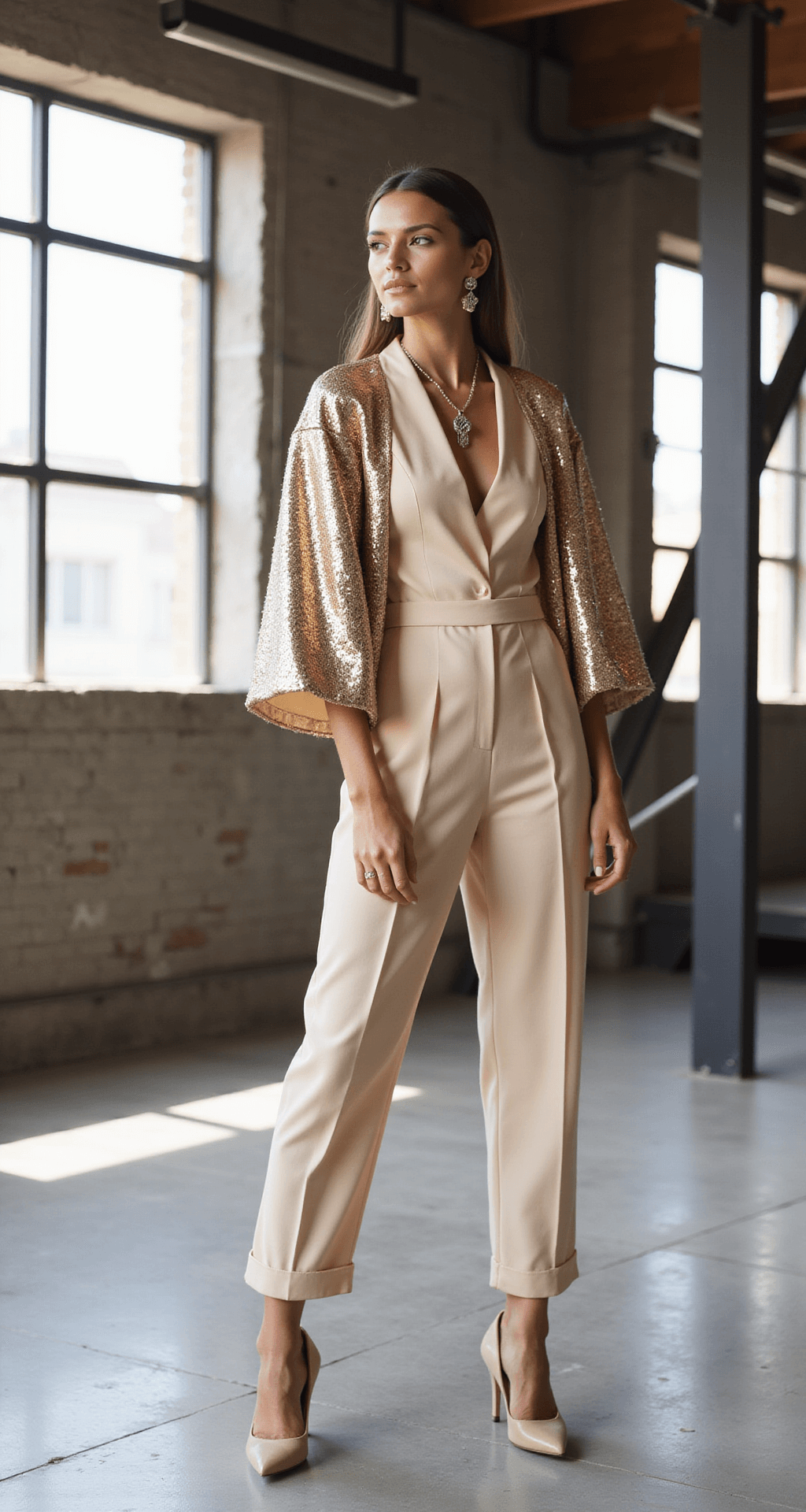 A model in a champagne-colored designer jumpsuit with dramatic sleeves and tailored pants stands in a modern loft with industrial elements, natural light streaming through large windows. She accessorizes with geometric statement jewelry and nude pointed heels, highlighting metallic thread accents in her outfit against the architectural backdrop.