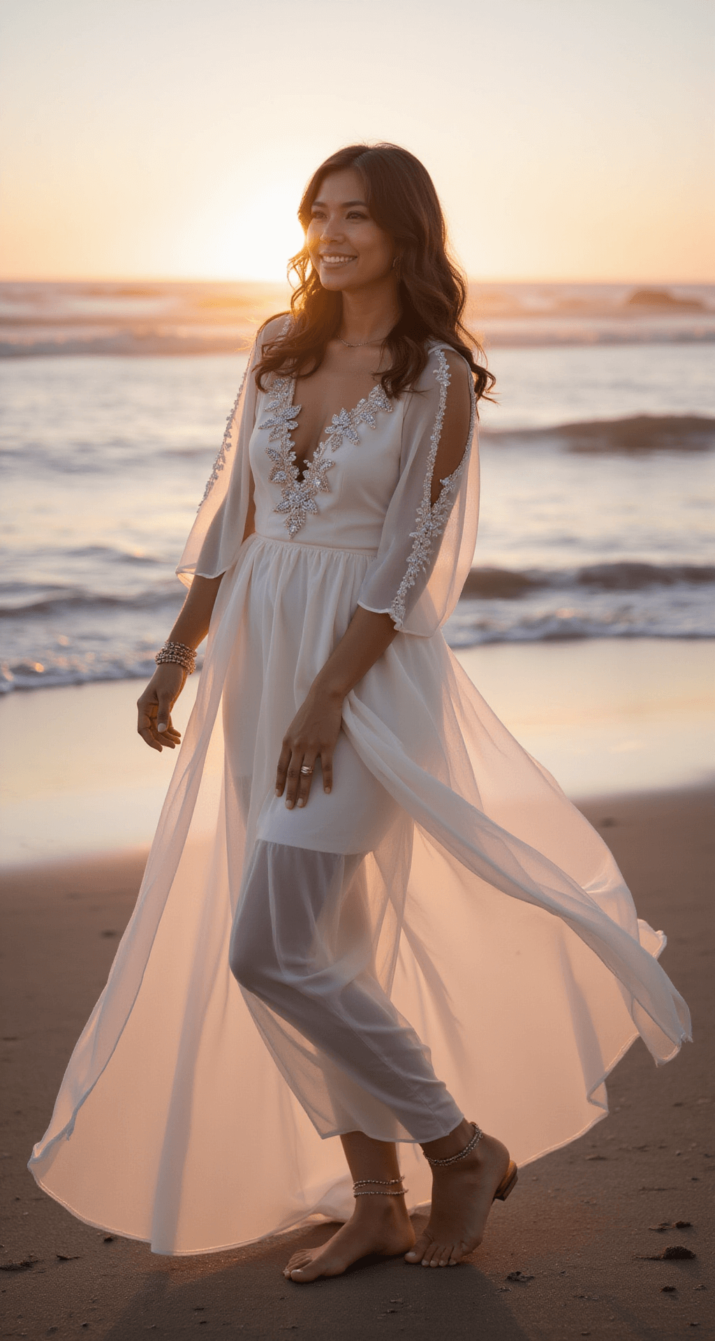 A woman in a flowing ivory chiffon dress adorned with floral appliques and subtle beading stands barefoot on the beach at sunset, with gentle winds creating movement in her dress and hair, as she interacts playfully with the surrounding natural elements.