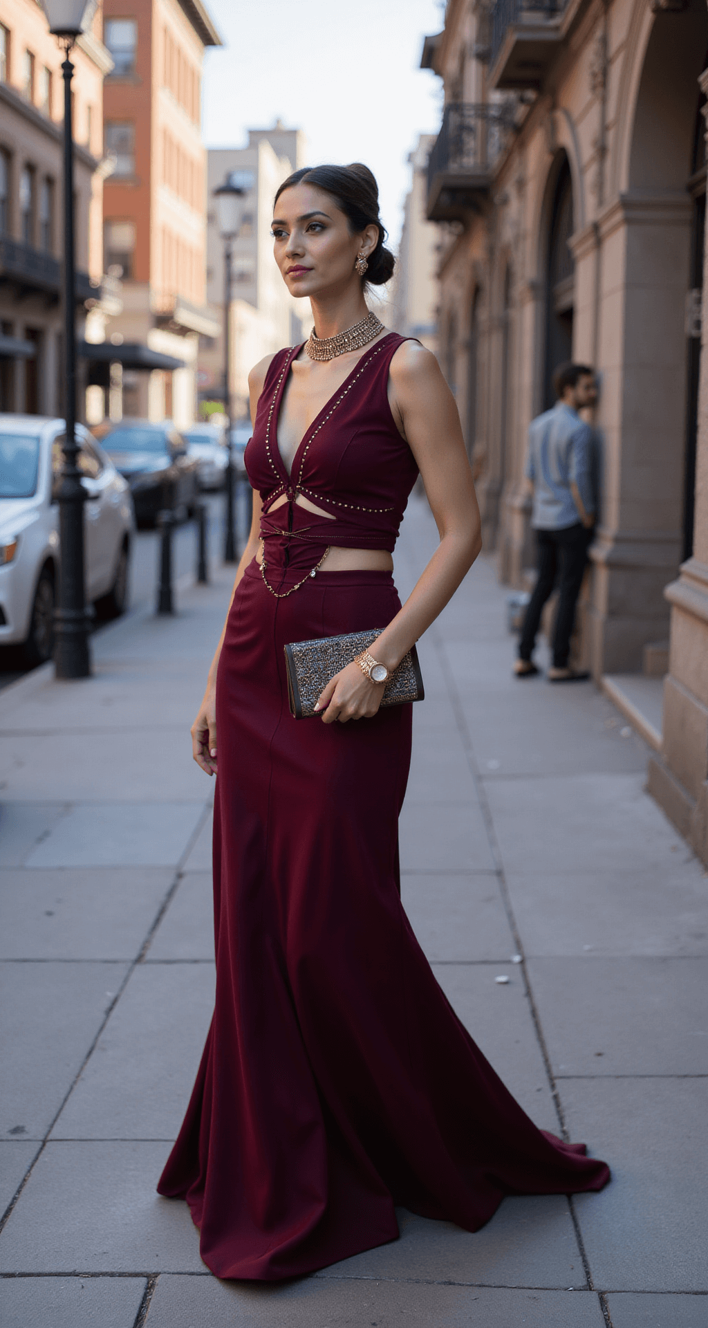 A woman in a burgundy structured lehenga with contemporary cut-out details and metallic accents walks candidly at a historic urban street corner during the morning blue hour, styled with mixed metal jewelry and a designer clutch, as natural light casts dramatic shadows.