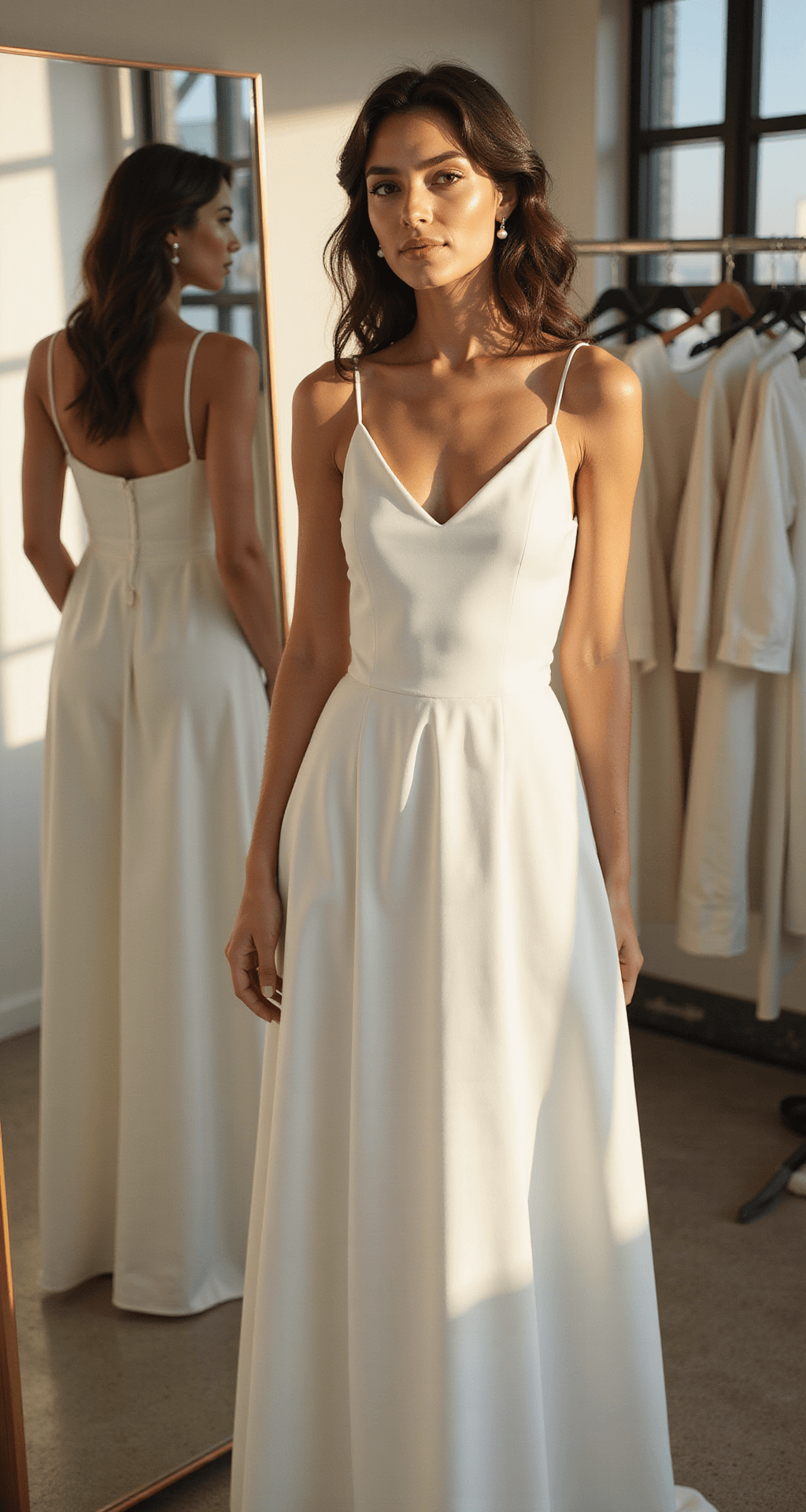A bride-to-be in a minimalist satin slip dress stands before a full-length mirror in a sunlit modern loft, surrounded by white dress options on a clothing rack, captured in soft focus with a 50mm lens.