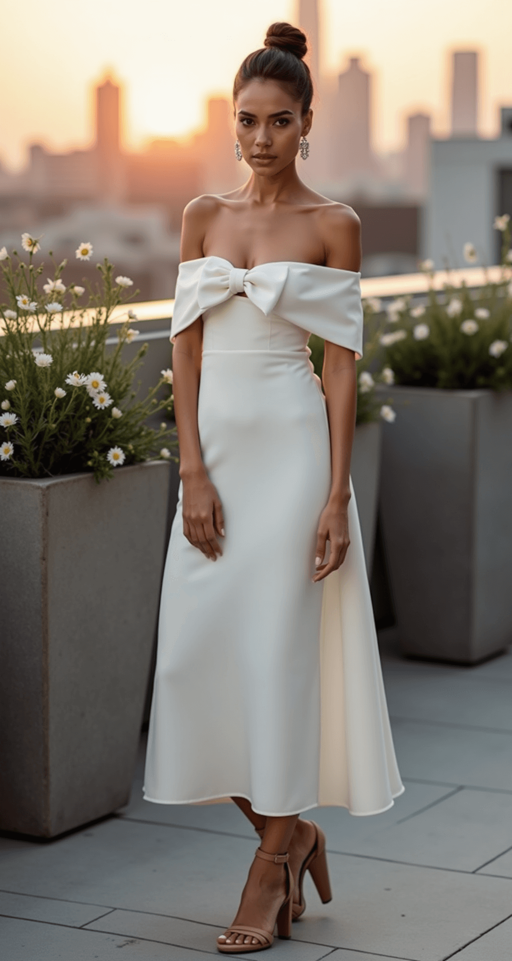 A model in a winter white off-shoulder midi dress with an architectural bow at the back, styled in a sleek low bun and geometric diamond studs, stands in a chic rooftop garden at sunset. Soft city skyline in the background, surrounded by modern concrete planters with white flowers, wearing nude Italian leather strappy sandals. The image is captured from slightly below eye level in warm golden hour lighting.