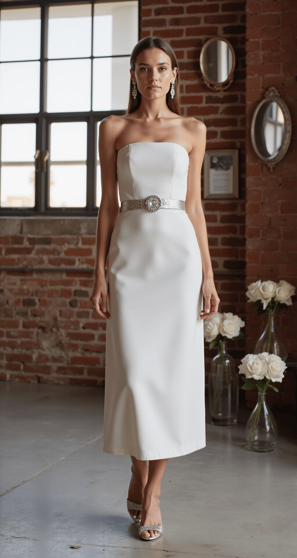 A model in a strapless white crepe column dress with a metallic belt stands in an industrial-chic loft with exposed brick and natural light. Minimal styling features architectural silver earrings and sleek pulled-back hair, with scattered roses in glass vases in the background. The image is shot at a slight Dutch angle for a dynamic effect.