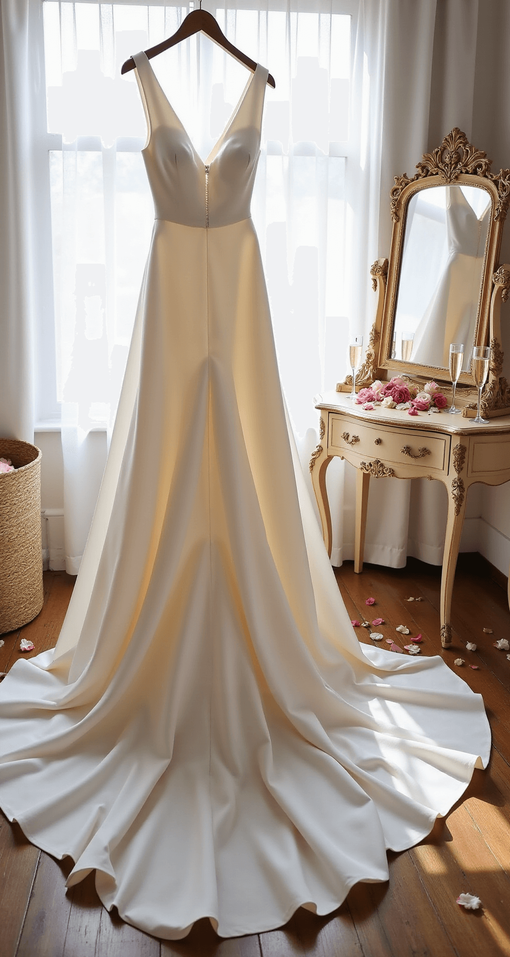 Close-up of a white A-line bridal dress with a unique back cutout, showcasing fine fabric quality and tailoring, displayed on a custom hanger among rose petals and champagne flutes in a sunlit salon setting.
