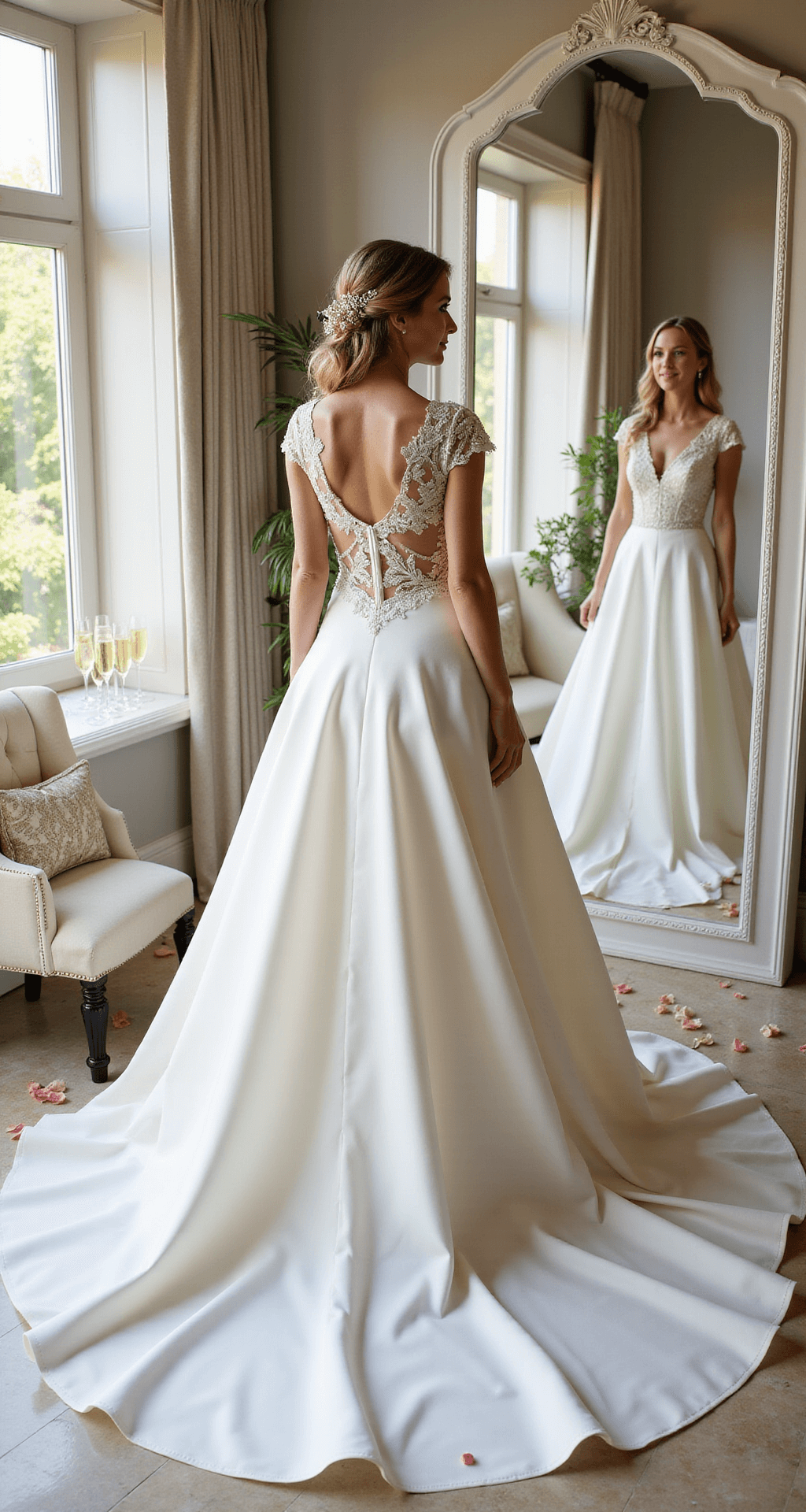 A bride-to-be smiles in a sunlit luxury bridal boutique, wearing an ivory satin A-line gown with lace detailing, as she admires her reflection in a triple mirror; the elegant dress's train pools on the marble floor amidst cream velvet seating and scattered rose petals.