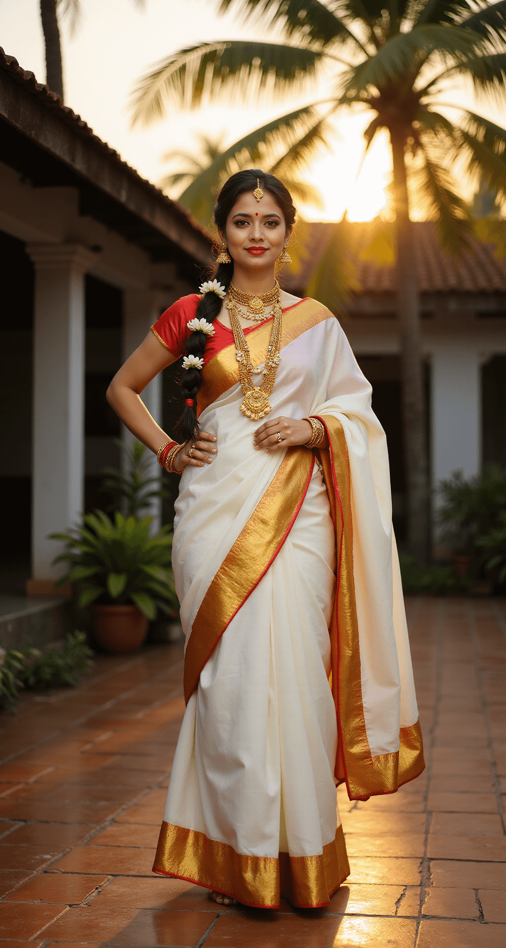 Kerala Engagement Dress: Your Complete Style Guide for 2024 A bride-to-be in a white Kasavu saree with gold borders stands gracefully in a traditional Kerala courtyard during golden hour, adorned with temple jewelry and jasmine flowers, captured in warm sunset light with a focus on intricate textile textures.