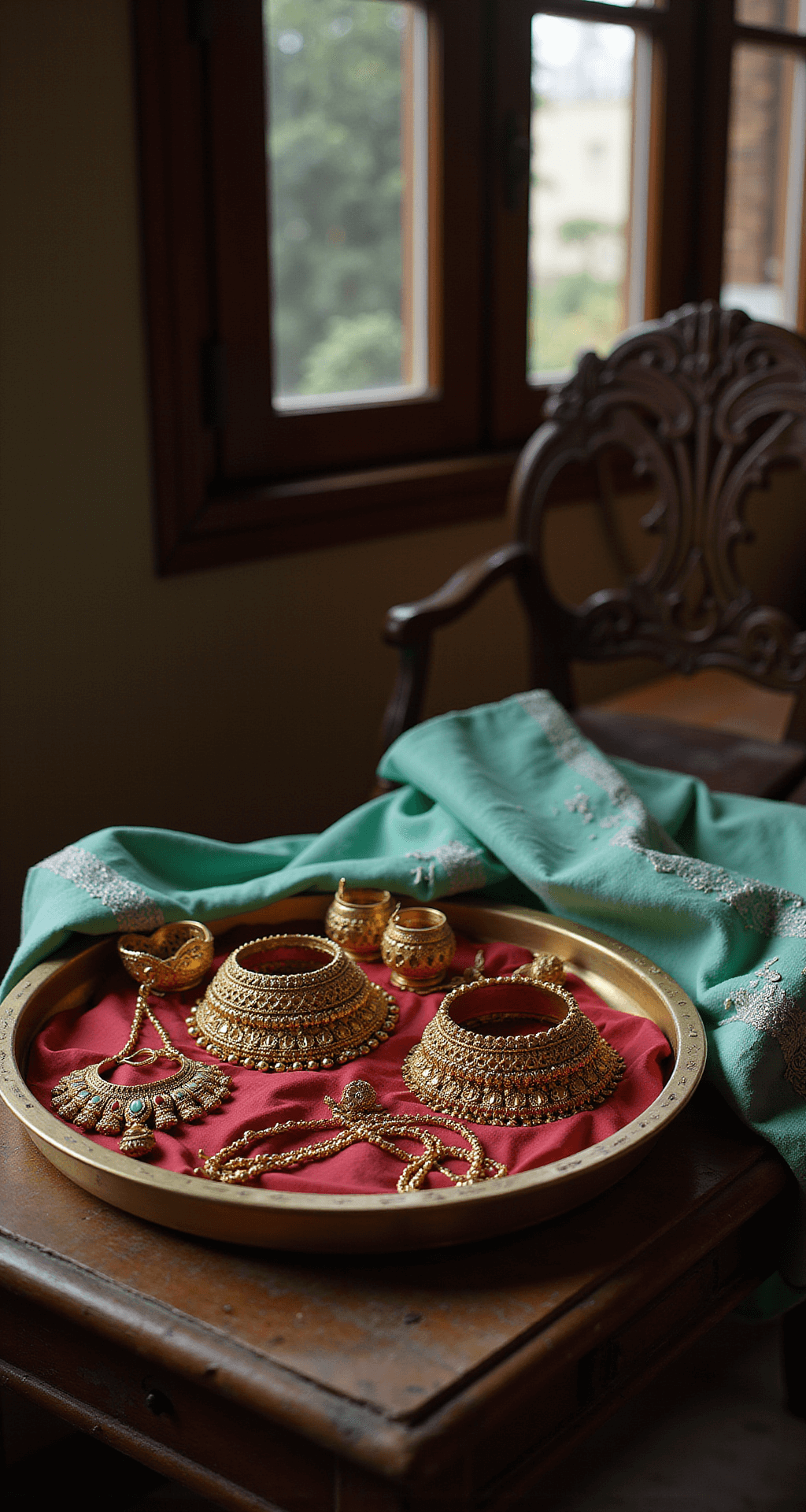 Kerala Engagement Dress: Your Complete Style Guide for 2024 An intimate dressing room scene in a traditional Kerala home, featuring early morning light illuminating a vintage brass tray adorned with intricate temple jewelry, including heavy gold chokers, waist chains, and bangles, all nestled in rich red silk. A half-draped mint green half-saree with silver embellishments rests on an antique wooden chair, with macro focus on the detailed textures and traditional motifs of the jewelry.