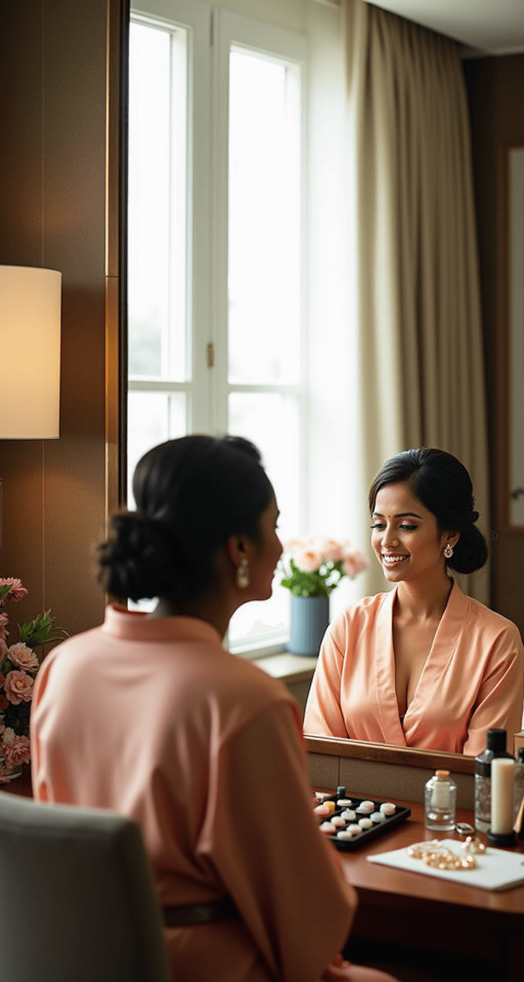 Kerala Engagement Dress: Your Complete Style Guide for 2024 Bride in a peach silk robe seated at a vanity, receiving Kerala bridal makeup in a sophisticated hotel suite, with beauty products, fresh flowers, and heirloom jewelry displayed around her, illuminated by soft light from large windows, captured from behind her shoulder with a focus on reflections.