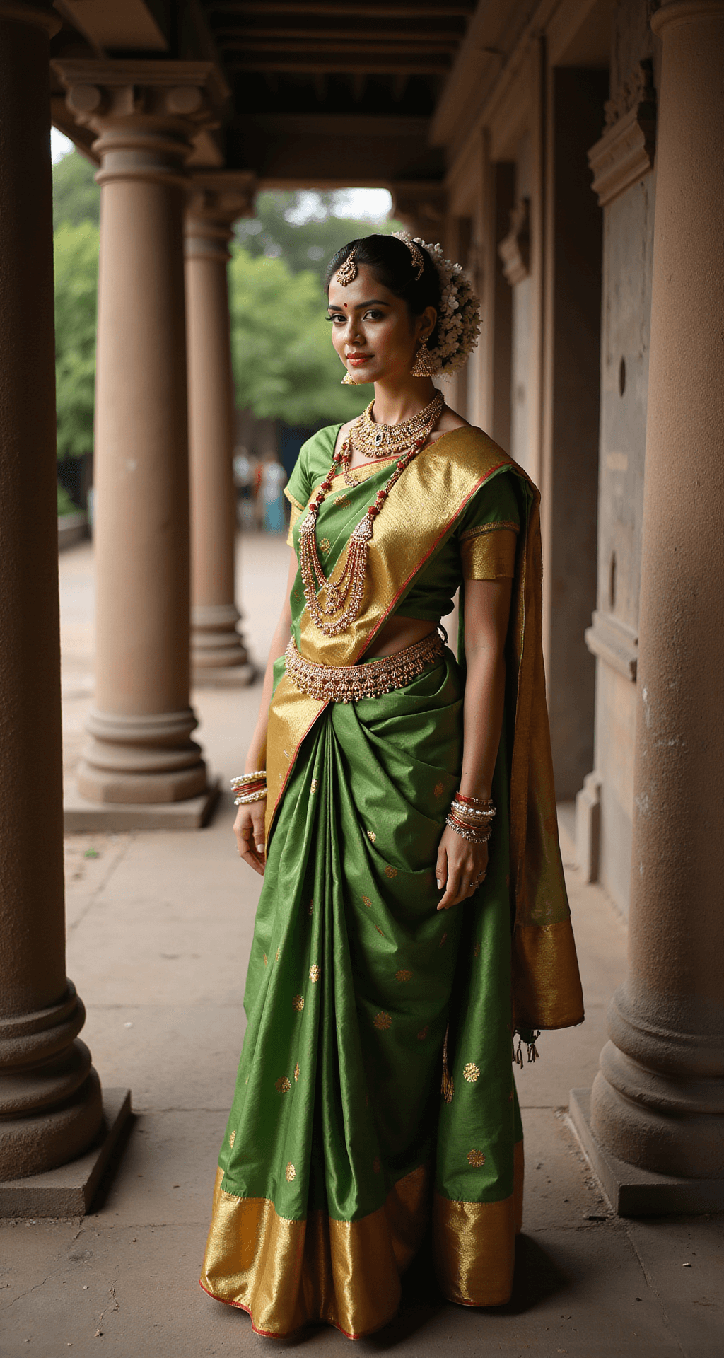 Kerala Engagement Dress: Your Complete Style Guide for 2024 A bride in a green and gold traditional Kerala saree poses beside ancient stone pillars in a temple courtyard during late afternoon, with dramatic lighting showcasing her ornate temple jewelry, red bindi, and jasmine flowers. The image captures architectural details and textures using a telephoto lens.
