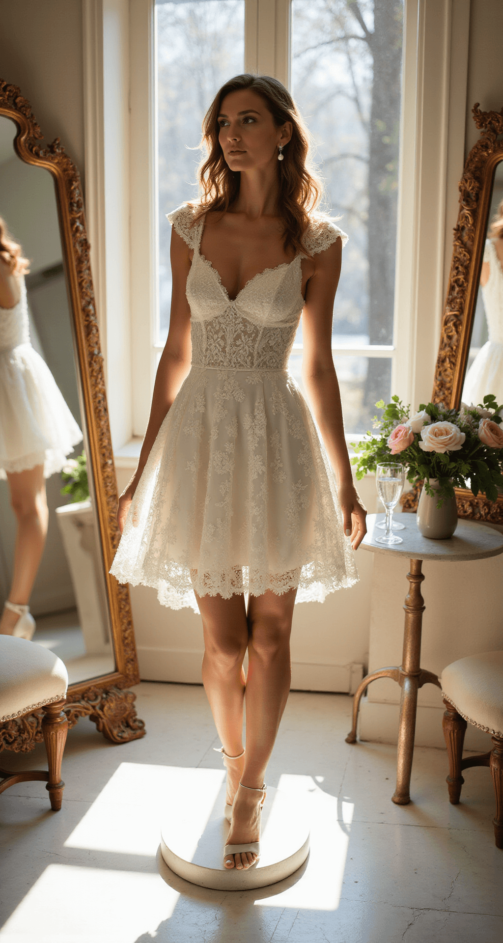 A bride-to-be stands on a raised platform in a sunlit bridal boutique, showcasing a romantic mini white lace dress with cap sleeves and a sweetheart neckline, surrounded by mirrors and with champagne flutes and fresh flowers on a marble side table.