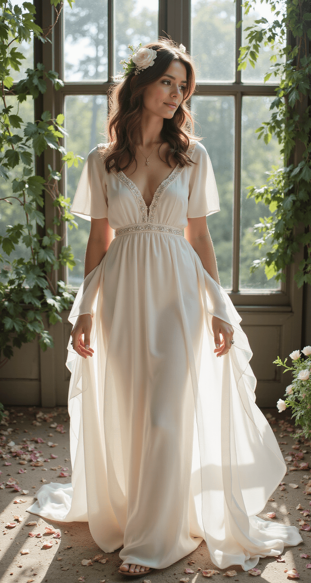 A bride in a flowing white chiffon maxi dress with flutter sleeves and beading stands in a light-filled garden conservatory surrounded by climbing vines and rose petals, her loose curls adorned with small white flowers. A vintage-inspired engagement ring sparkles in the light, with dreamy flares created by greenhouse glass panels framing the scene.