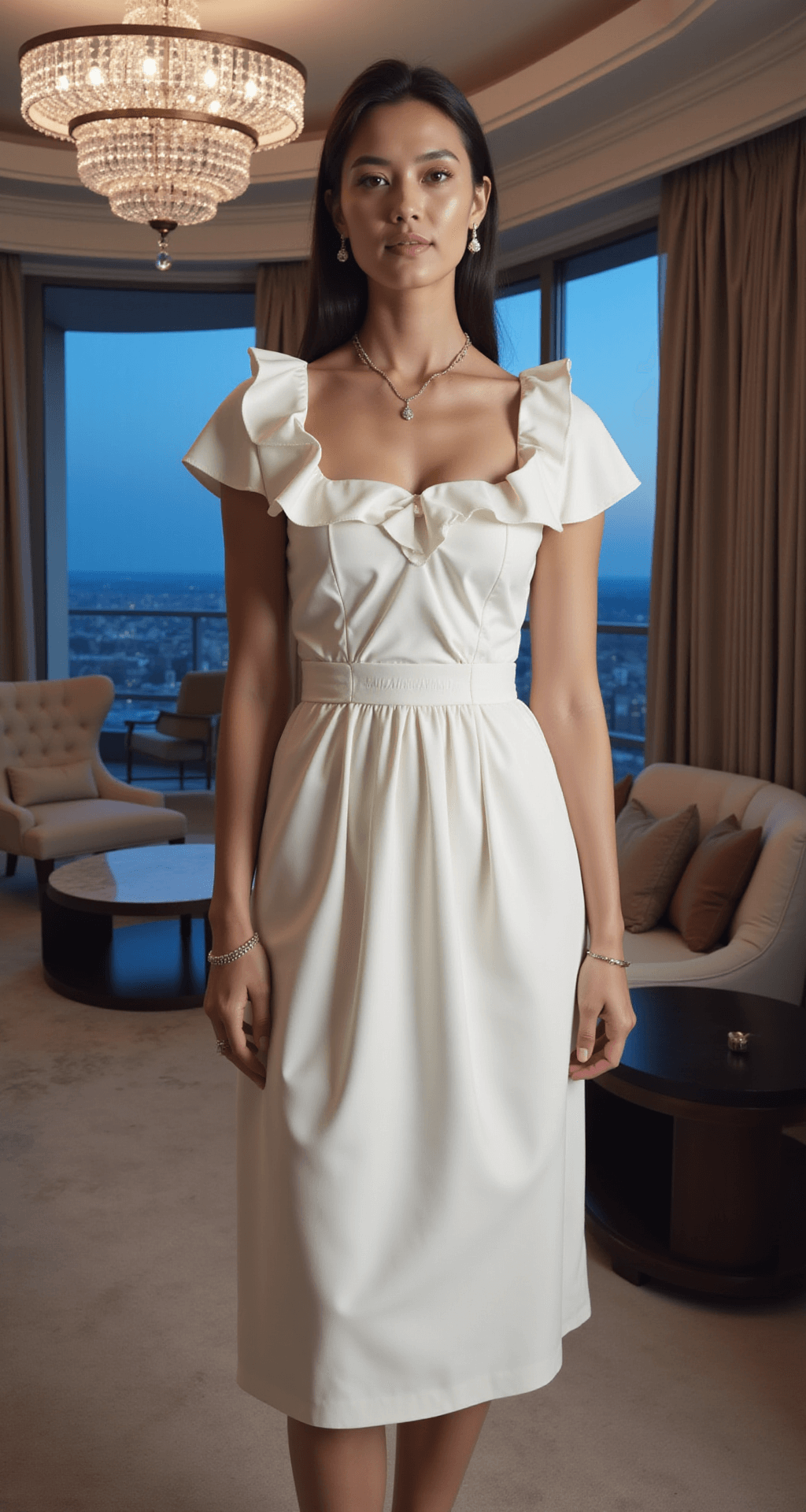 Close-up view of a structured white crepe midi dress with architectural ruffle details and a square neckline, set against a luxurious hotel suite interior illuminated by a crystal chandelier at blue hour. Delicate jewelry and classic white pumps are visible, highlighting the dress's textile textures and sculptural elements.