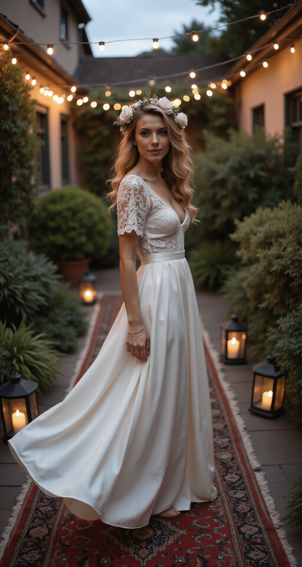 Intimate garden courtyard at dusk featuring a bride-to-be in a flowing tea-length white silk dress with lace overlay, surrounded by string lights and scattered lanterns, with a vintage Persian rug underneath and fresh flowers in her hair, captured with a shallow depth of field to emphasize movement and texture.