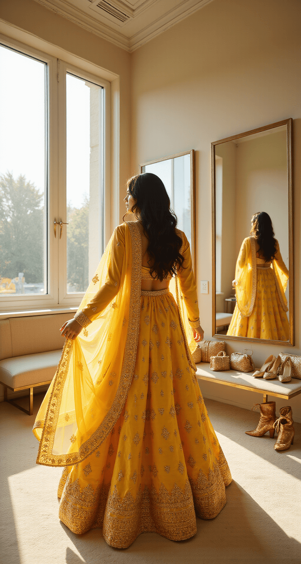 A young woman twirls in a flowing yellow lehenga with intricate gold embroidery in a sunlit luxury boutique fitting room, with floor-to-ceiling windows and triple mirrors reflecting the soft natural light.