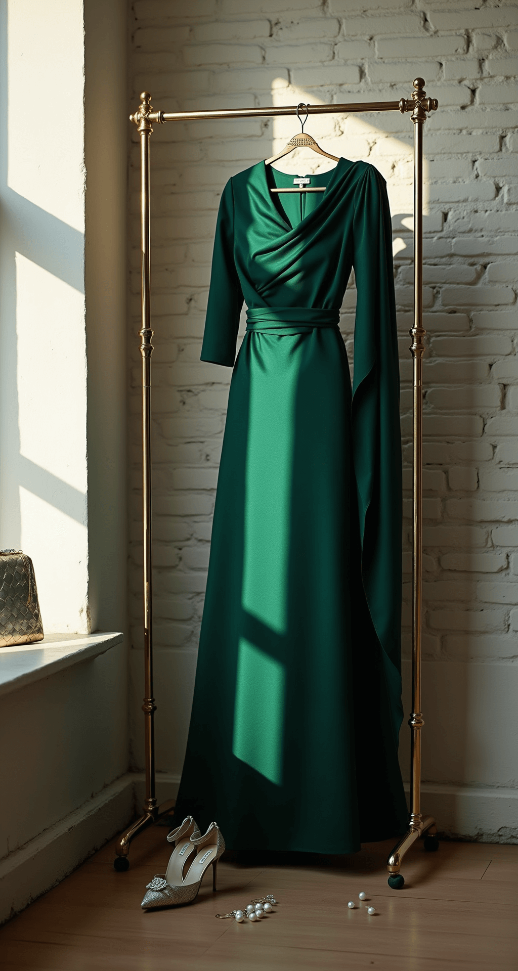 A sophisticated deep emerald green saree-gown drapes elegantly on a brass clothing rack against a whitewashed brick wall, accompanied by crystal-embellished stilettos, pearl drop earrings, and a metallic clutch, all illuminated by soft window light that casts dramatic shadows in a modern apartment interior.