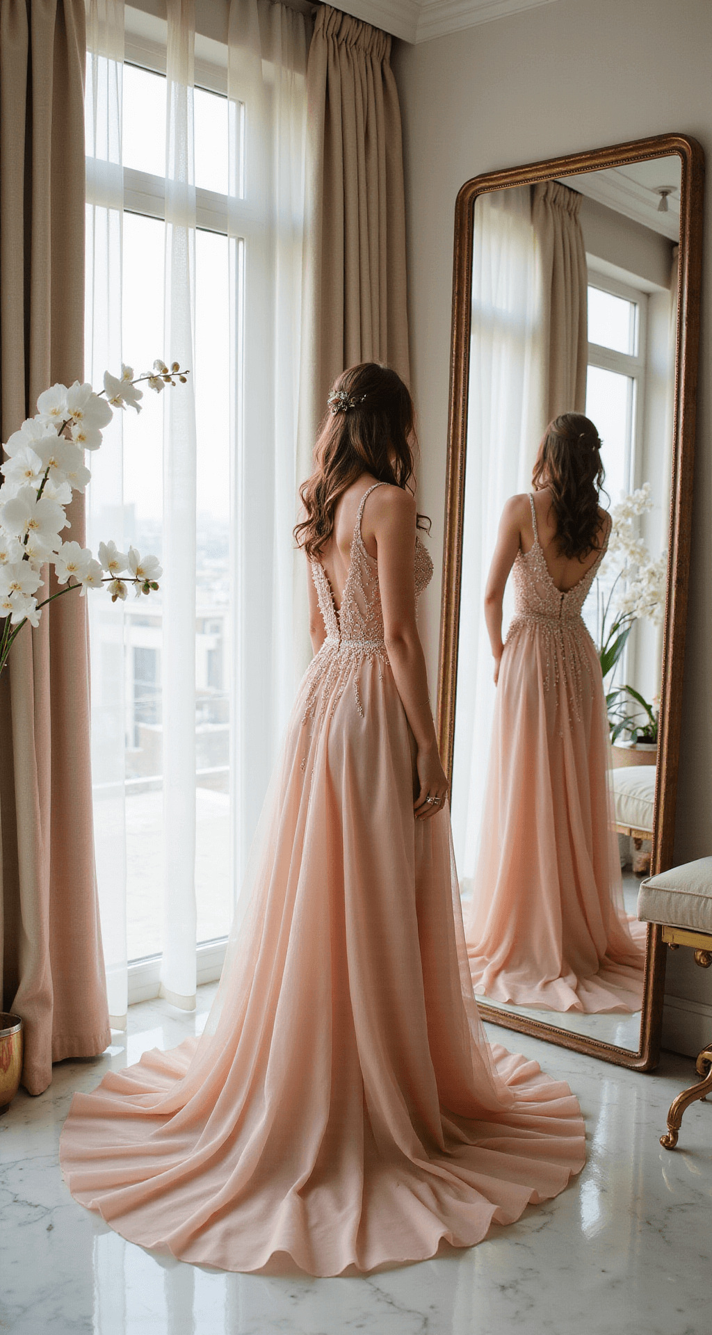A luxurious penthouse dressing room featuring a blush tulle gown adorned with delicate beading, complemented by rose gold accessories. The scene showcases marble flooring, white orchids, and metallic accents, illuminated by natural light filtering through sheer curtains.
