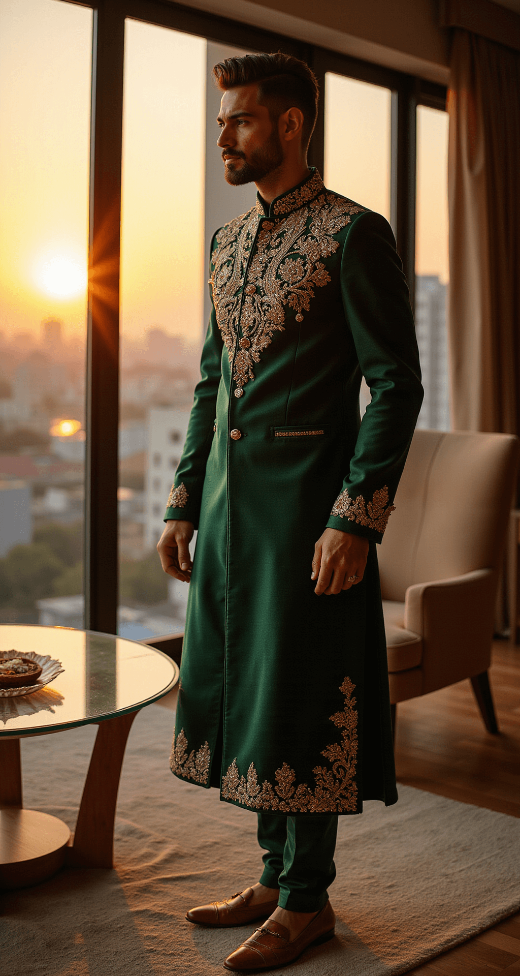 A male model in an emerald green sherwani poses in a luxury penthouse during sunset, with Mumbai's skyline visible through floor-to-ceiling windows, showcasing intricate threadwork and embellishments.