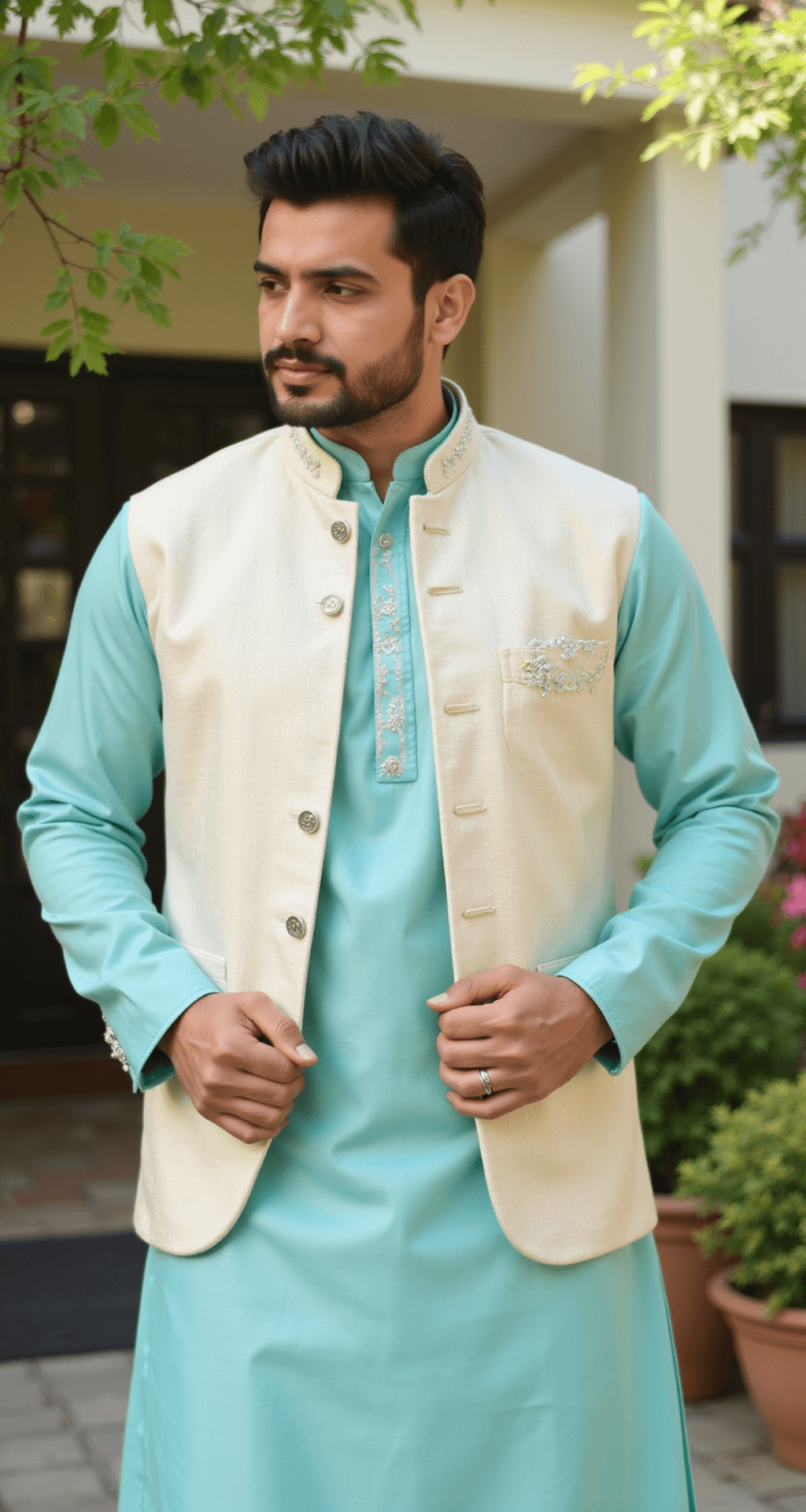 A male model in a powder blue kurta set with silver detailing and a cream Nehru jacket poses in a bright morning garden courtyard, with dappled sunlight highlighting the jacket's buttonwork and the kurta's texture, surrounded by fresh flowers and modern architecture in soft focus.