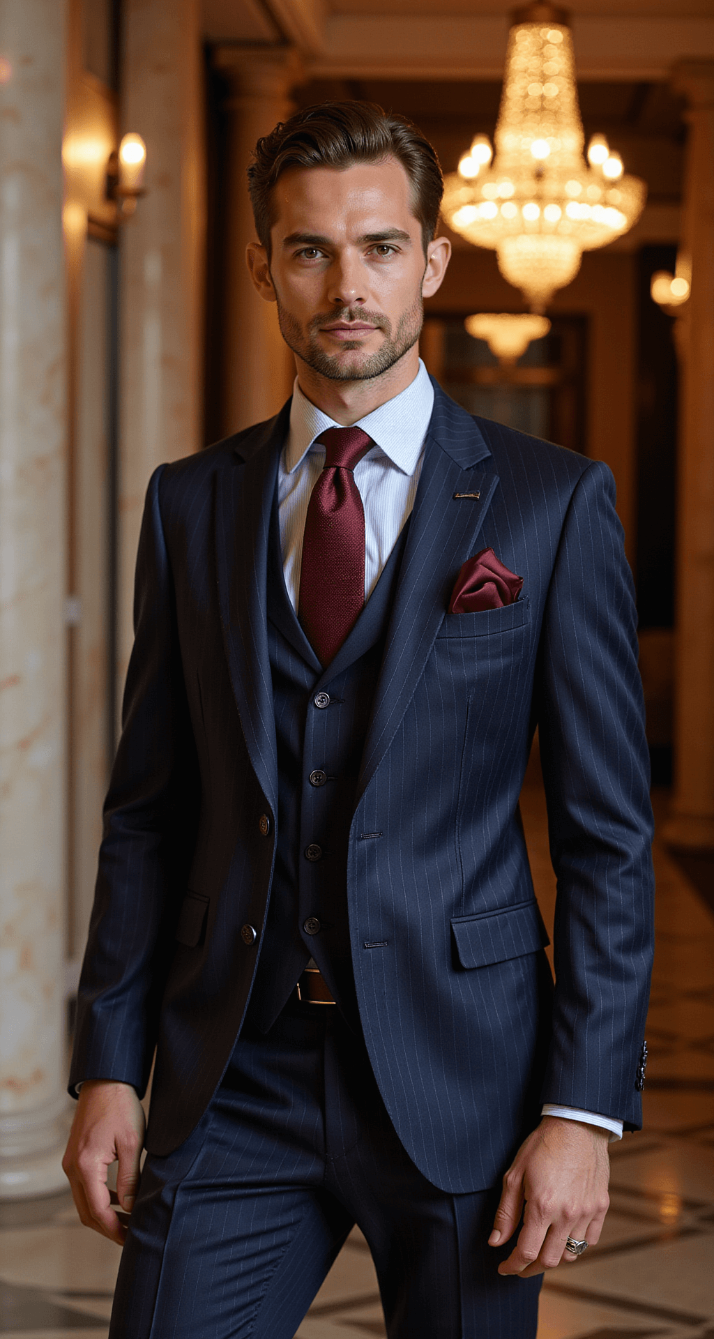 A male model dressed in a tailored navy three-piece suit with pinstripes and a burgundy silk pocket square stands in a sophisticated hotel lobby, featuring warm ambient lighting from crystal chandeliers that casts dramatic shadows against marble columns and art deco details.