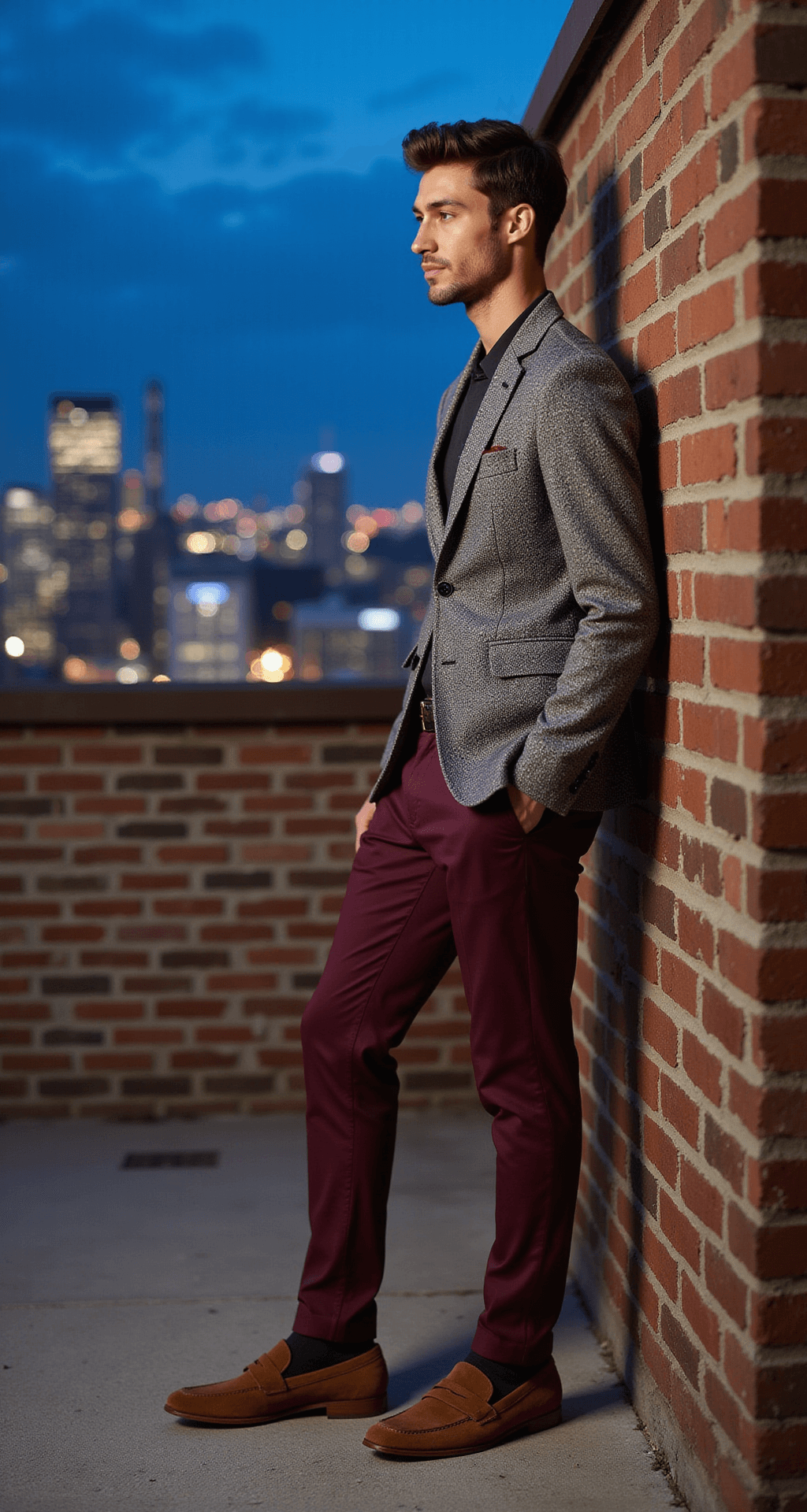 A model in a textured grey blazer, tailored burgundy trousers, and brown suede loafers poses casually against an industrial brick wall during blue hour, with city lights twinkling in the background and strategic rim lighting accentuating the outfit's modern cut and pattern mixing.
