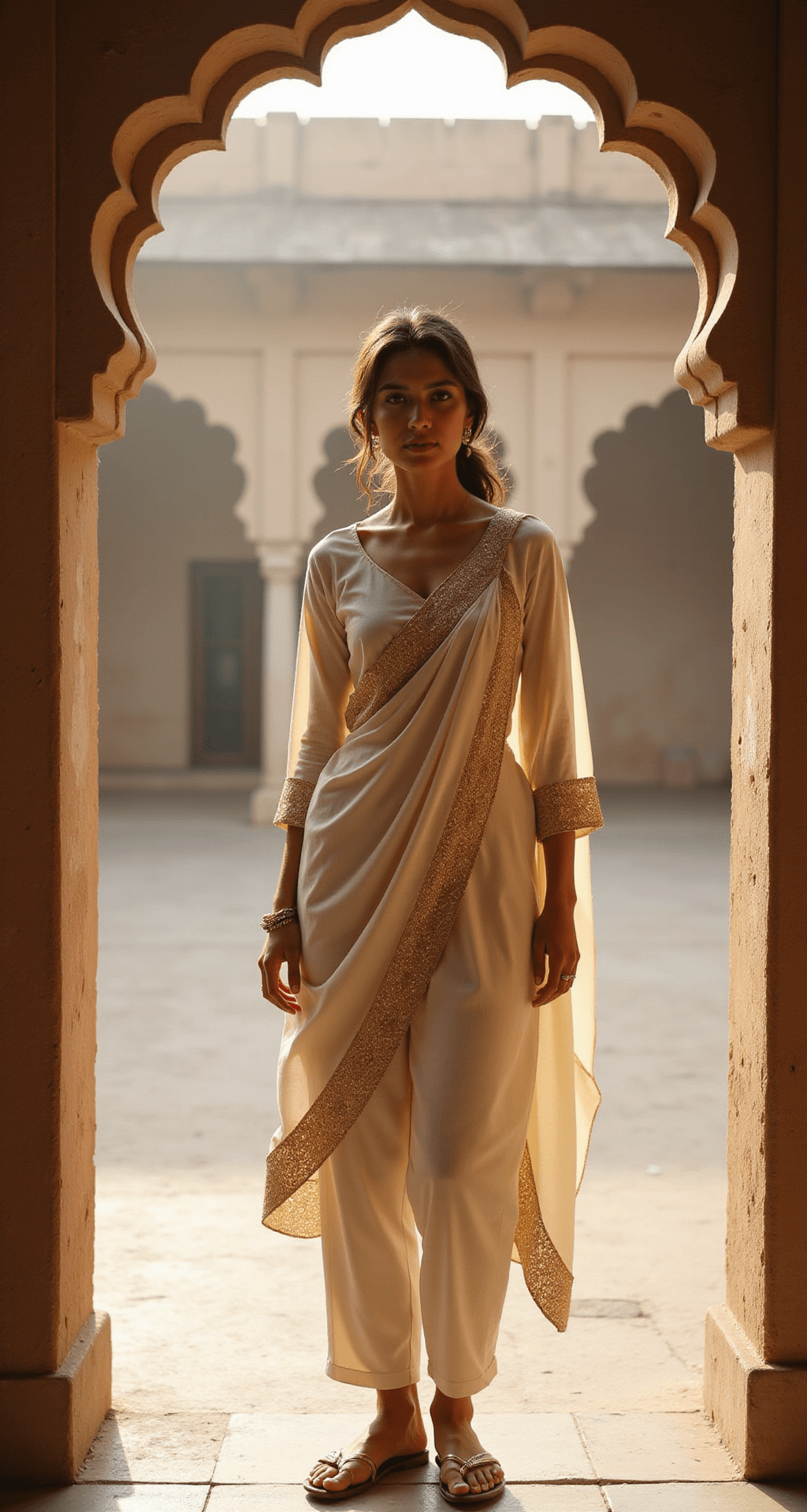 A model dressed in an ivory and gold Indo-western ensemble stands in a traditional haveli courtyard at dawn, framed by archways. The outfit features a long asymmetric kurta with modern draping details and fitted trousers, bathed in soft morning light that enhances its fusion elements.