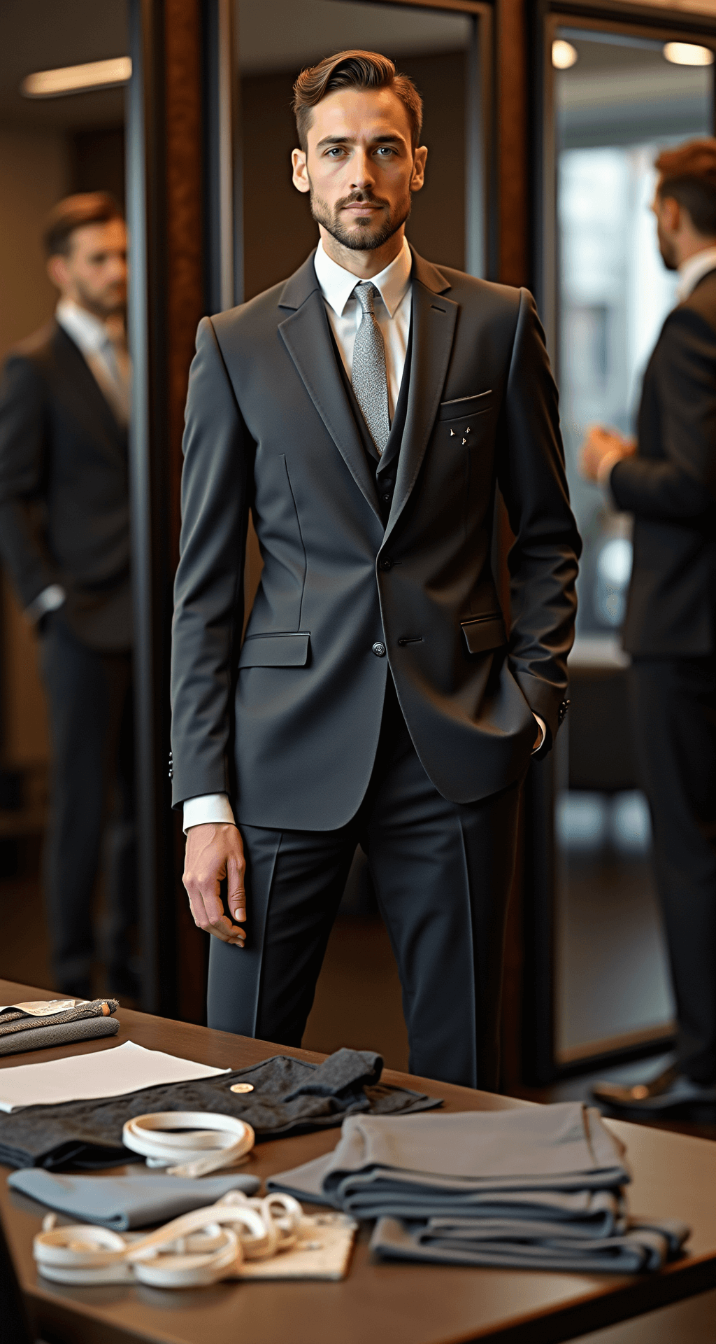 A model stands in a luxurious boutique fitting room, showcased in triple mirrors, wearing a half-pinned charcoal suit with visible chalk marks and pins. Warm lighting emphasizes the importance of tailoring, while measuring tape, fabric swatches, and tailor's tools are artfully arranged in the foreground.