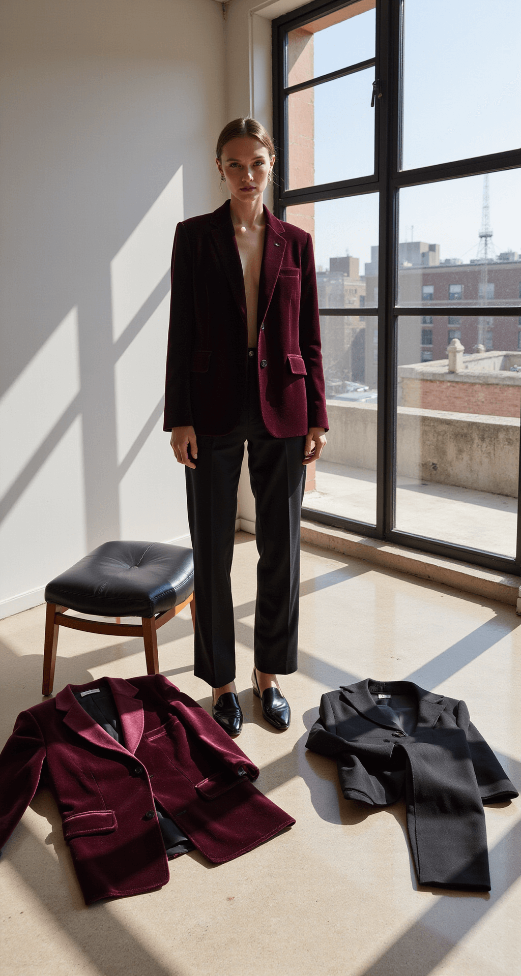 A contemporary art gallery features floor-to-ceiling windows, with a model in a deep wine-colored velvet blazer and black trousers, showcasing the rich texture of the blazer. Late afternoon light casts long shadows, illuminating the scene. Various outfit elements are displayed on minimal furniture, providing styling options.