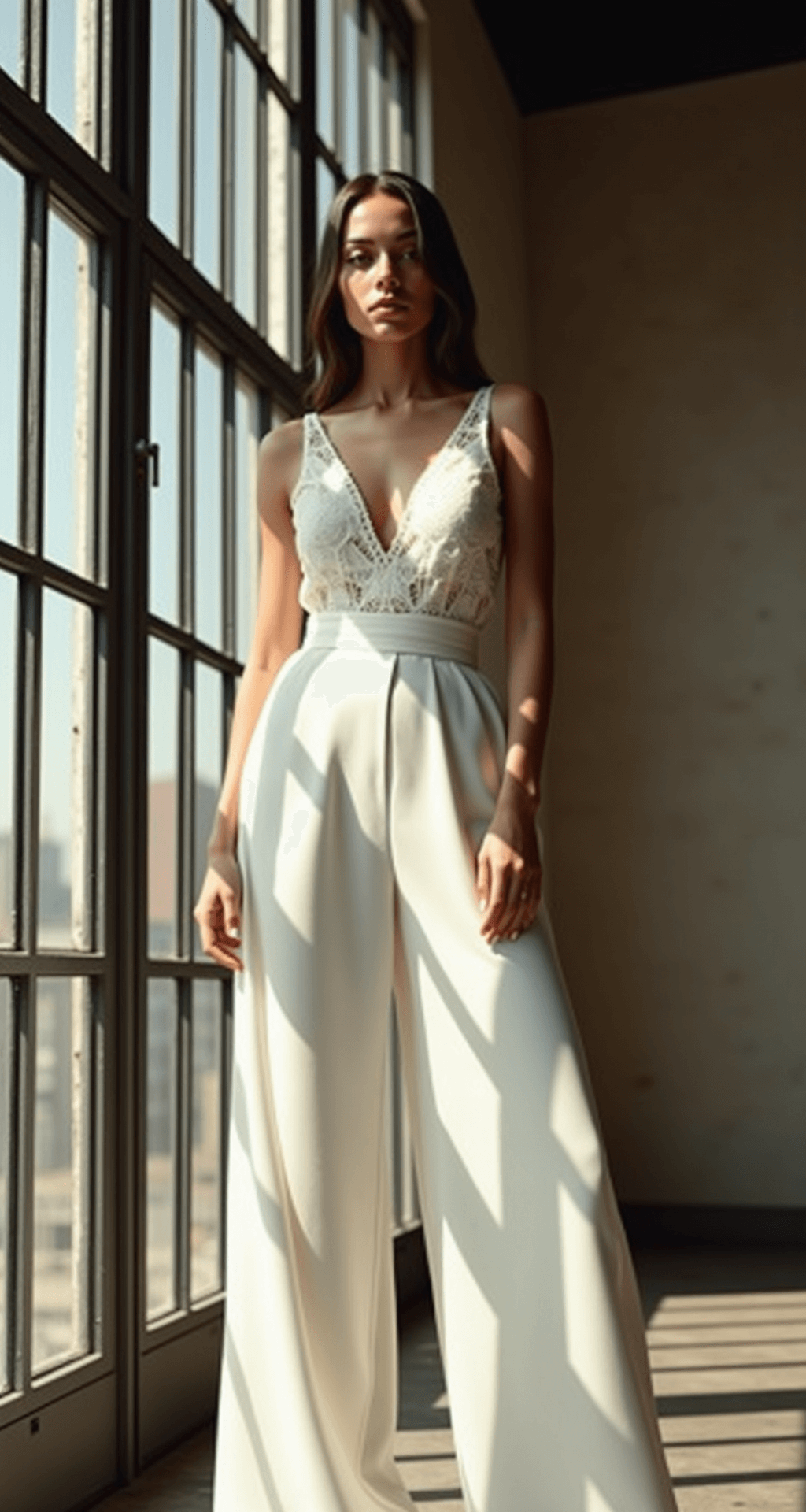 A model wearing a sophisticated white jumpsuit with architectural details stands in a modern loft space filled with industrial elements. The late afternoon light streams through large windows, casting dramatic shadows that highlight the jumpsuit's wide-leg silhouette, crisp crepe fabric, and subtle lace overlay. The shot is taken from slightly below eye level, emphasizing the garment's dramatic lines against the textured backdrop.