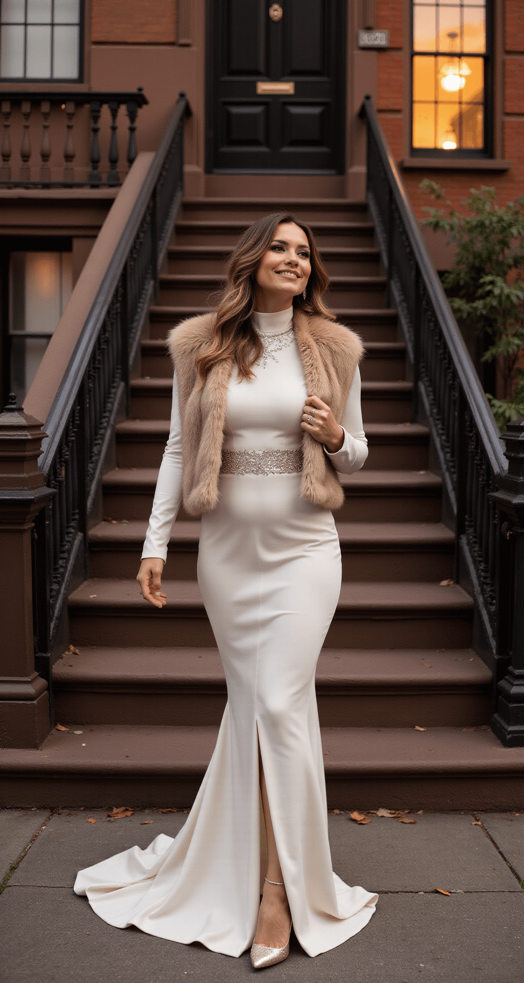 A full-length shot of a person in an ivory long-sleeve crepe dress with subtle sparkle details, paired with a luxe faux fur wrap, stands on a historic brownstone staircase in the early evening, warm street lighting illuminating the scene and highlighting the elegant silhouette of the dress against architectural elements.