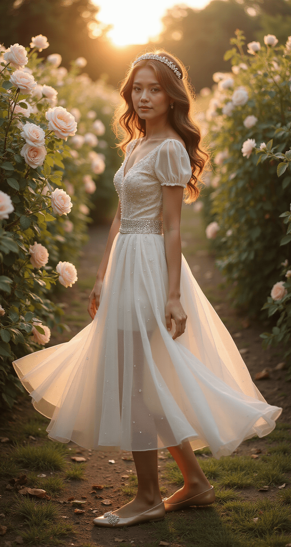 A model in an ivory tulle gown twirls in a sunlit garden filled with blooming roses, showcasing intricate beading and puff sleeves. Her hair, styled in loose waves and adorned with a pearl tiara, complements crystal-embellished ballet flats. The low-angle shot captures movement and a dreamy bokeh background, creating a magical atmosphere.