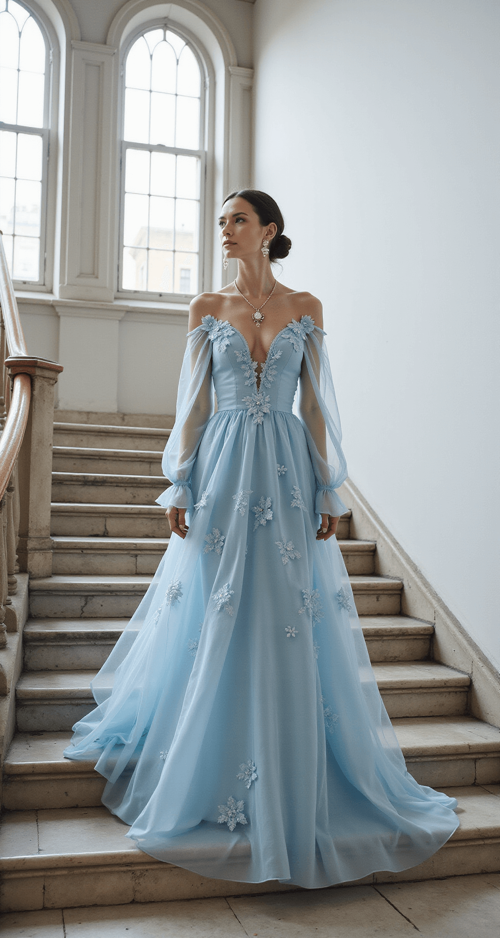 A model descends a grand marble staircase in a historic building, wearing a powder blue organza gown with floral appliques, complemented by long gossamer sleeves, a Victorian-inspired pendant necklace, and pearl drop earrings, all illuminated by natural light from tall windows, with clean white walls accentuating the scene.