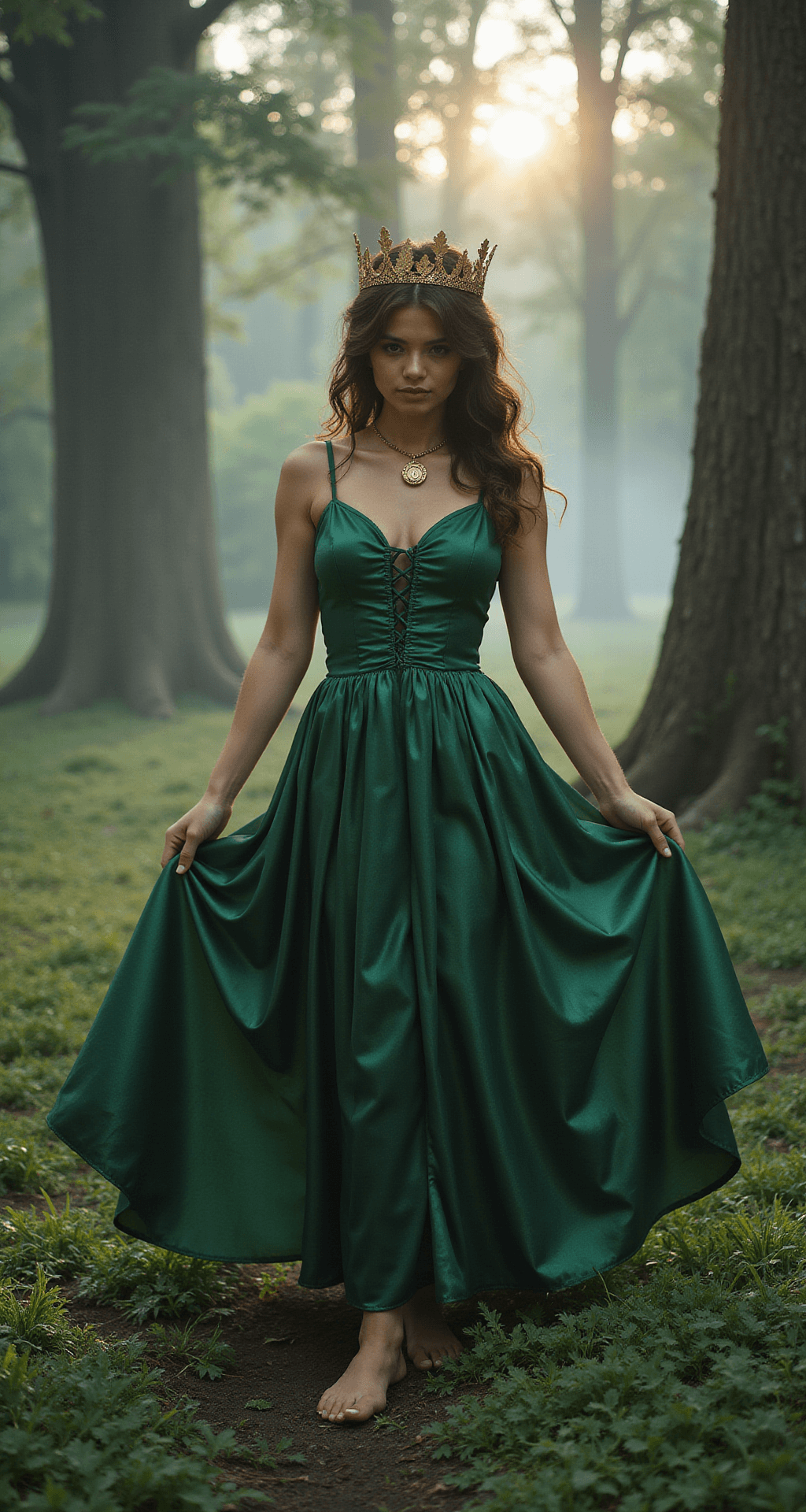 Model in emerald green silk gown with a romantic ruched bodice stands in an enchanted forest at dawn, surrounded by morning mist and filtered sunlight through ancient trees, wearing a gold leaf crown and vintage brass locket, with bare feet grazing dewy grass as the dress flows behind, captured in a dreamy atmosphere with a telephoto lens.