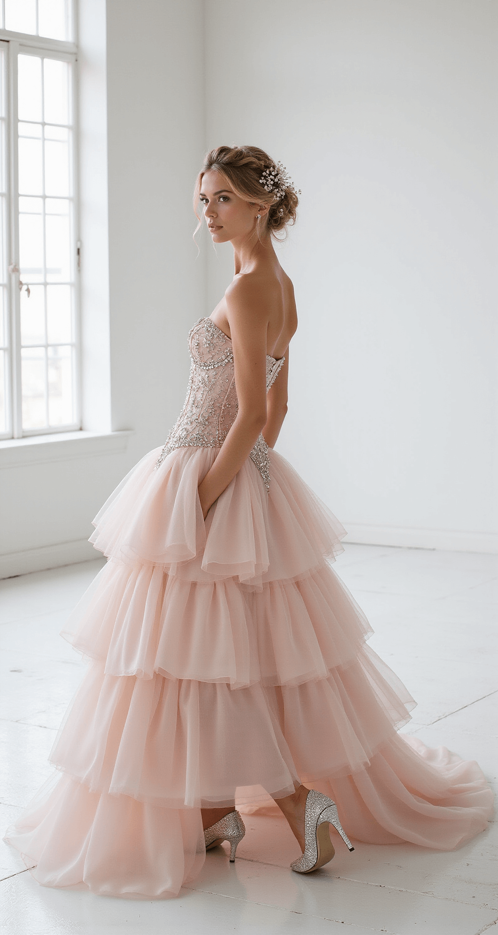 A model in a blush pink tulle ballgown with a corseted bodice and crystal embellishments stands in a minimalist white studio with floor-to-ceiling windows, showcasing an elaborate braided updo adorned with fresh baby's breath flowers, while silver filigree shoes are visible beneath the layers of her skirt; the composition emphasizes negative space and the dress silhouette with soft, even lighting.