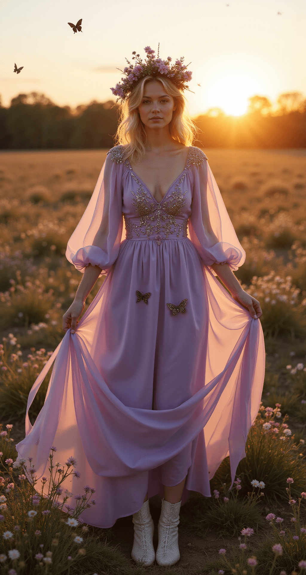 A model in a lavender chiffon gown with cape sleeves and beaded butterflies poses in a wildflower meadow at sunset, wearing a crown of dried flowers and vintage lace boots, with long ribbon streamers billowing in the breeze and golden backlight creating a magical glow.