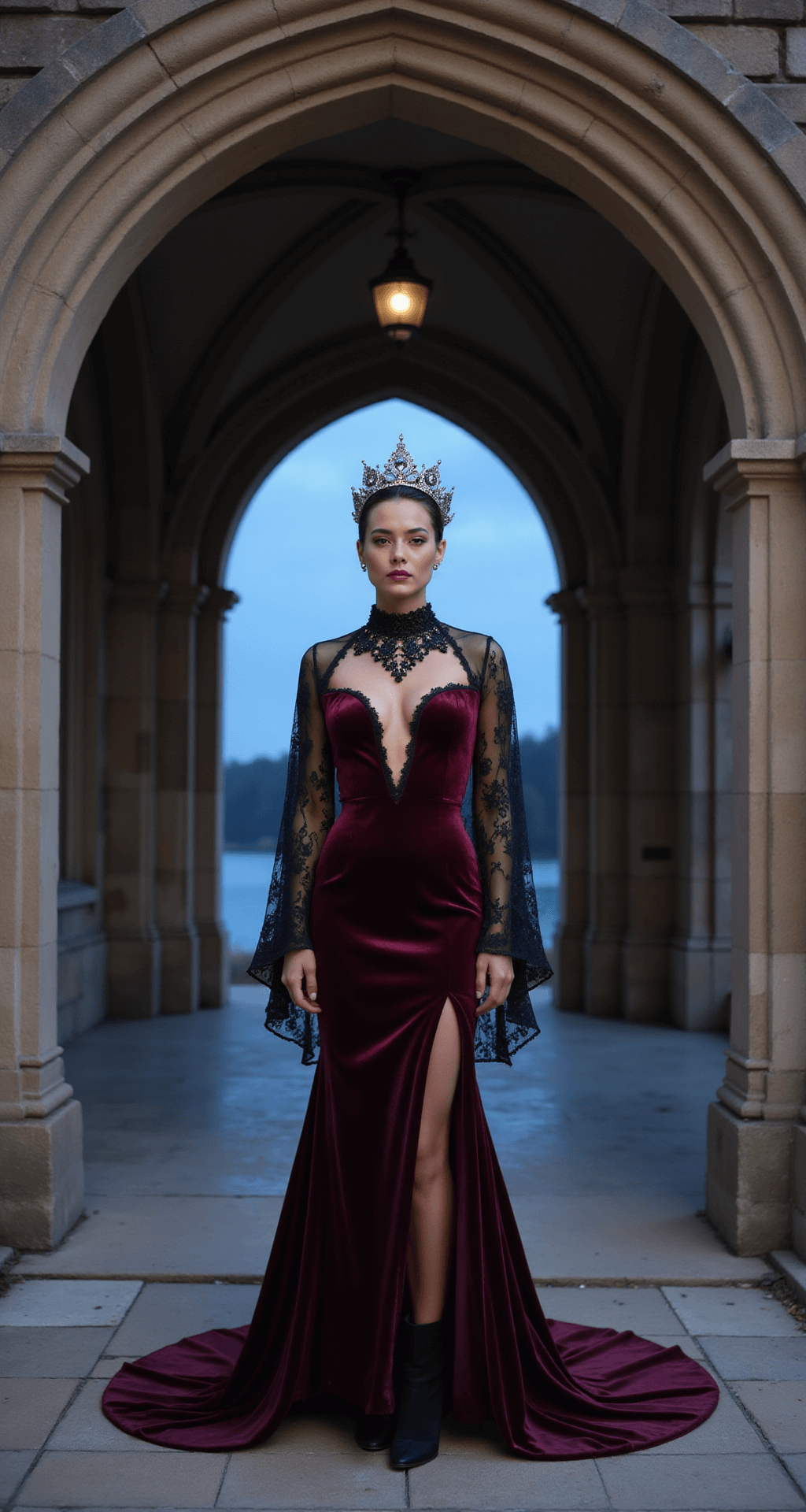 A model in a deep burgundy velvet gown with a dramatic train stands in a gothic stone archway entrance at blue hour, adorned with an antique silver crown and a matching choker necklace, while black suede boots peek from beneath the gown's hem; moody lighting highlights the archway's architectural details and emphasizes symmetry.