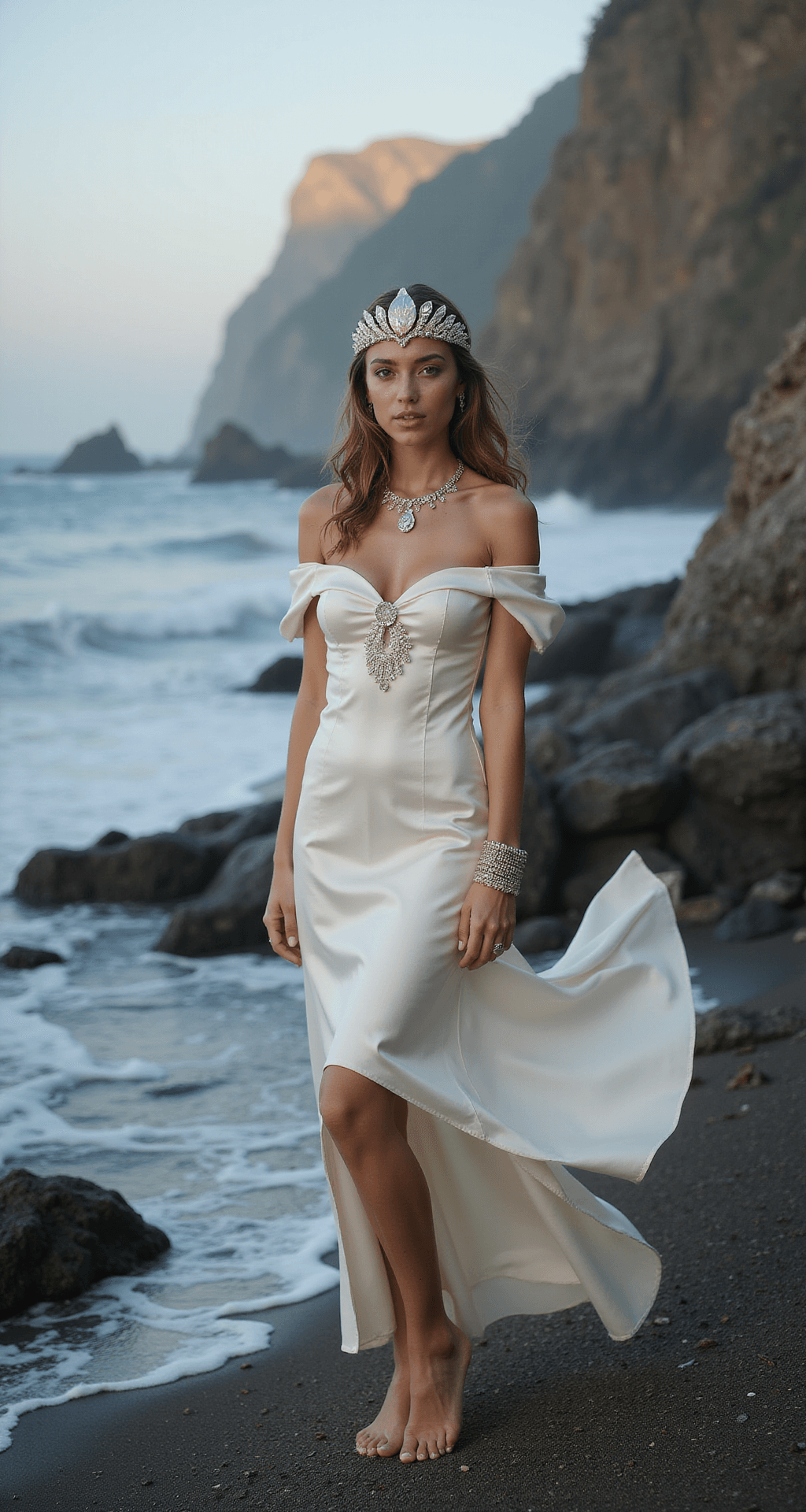 Model in a pearl white silk dress stands on rocky seaside cliffs at dawn, with misty ocean in the background, wearing a shell-encrusted crown and iridescent jewelry, barefoot as her dress flows in the sea breeze, captured from a low angle in cool morning light.
