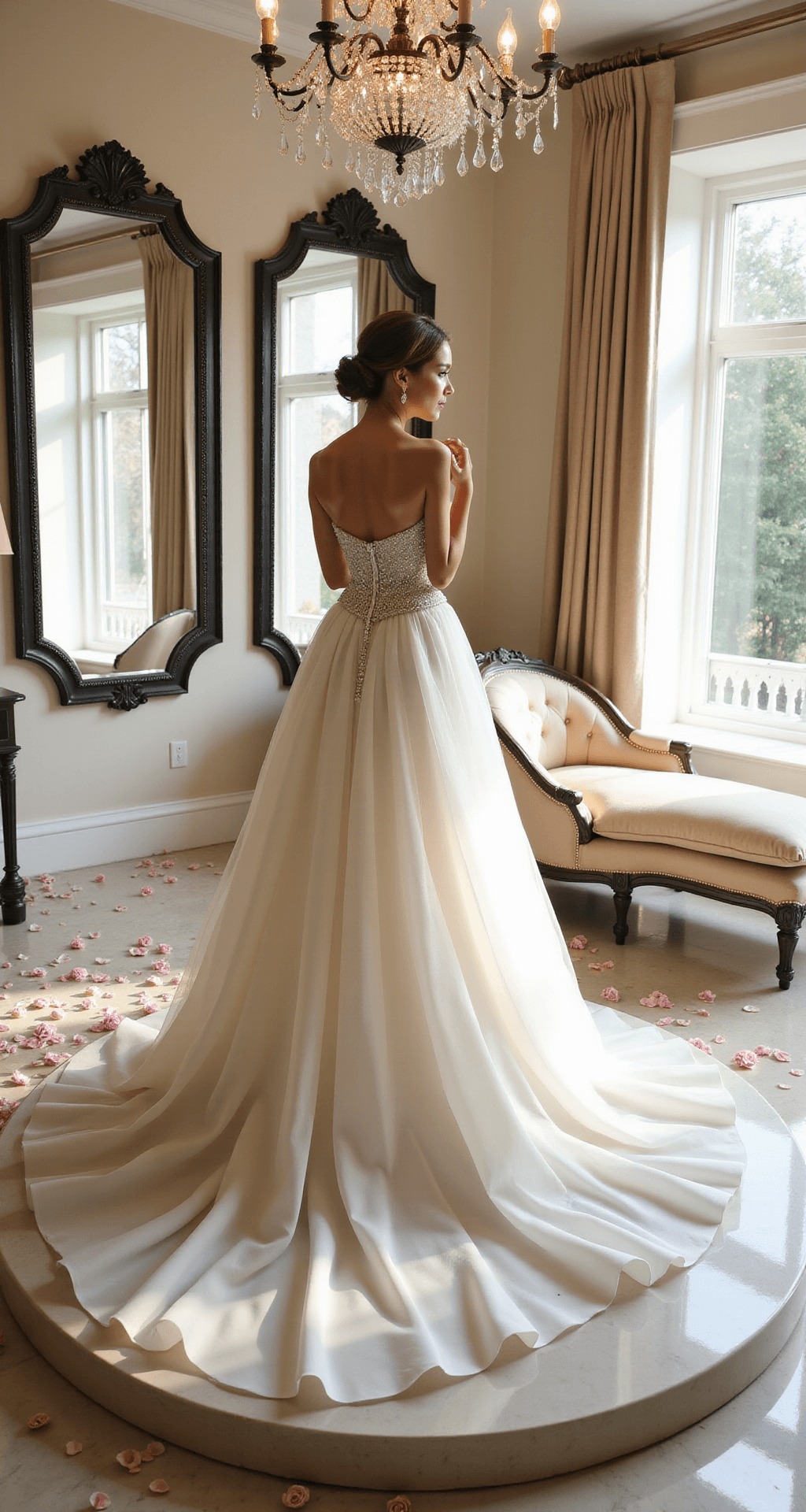 A bride-to-be in a classic princess ballgown stands on a pedestal in an elegant bridal boutique, surrounded by mirrors and flooded with morning light, with scattered rose petals on a marble floor and a glimmering chandelier above.