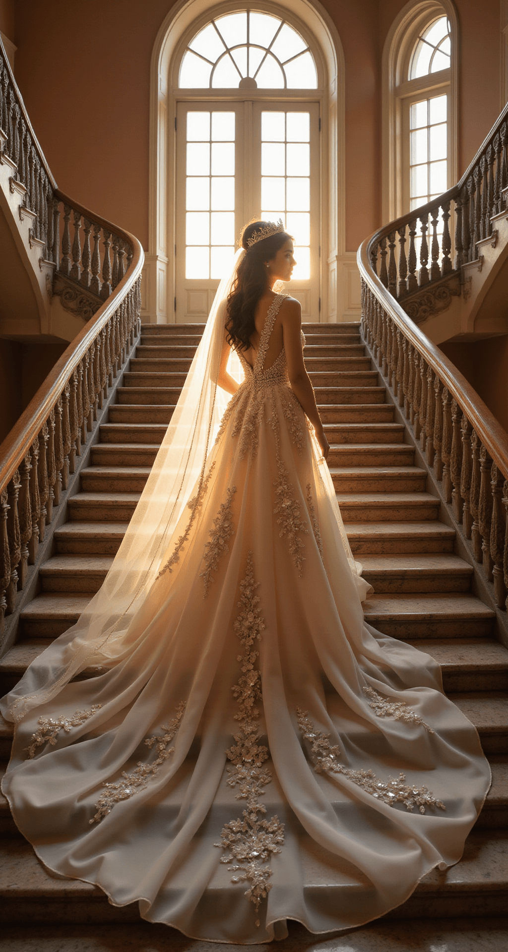 A model in a romantic princess gown descends grand marble steps of an ornate castle staircase at golden hour, her cathedral-length veil creating a halo effect in the sunset light, with a vintage crystal tiara and delicate floral appliques accentuating the dress's antique pearl beading.
