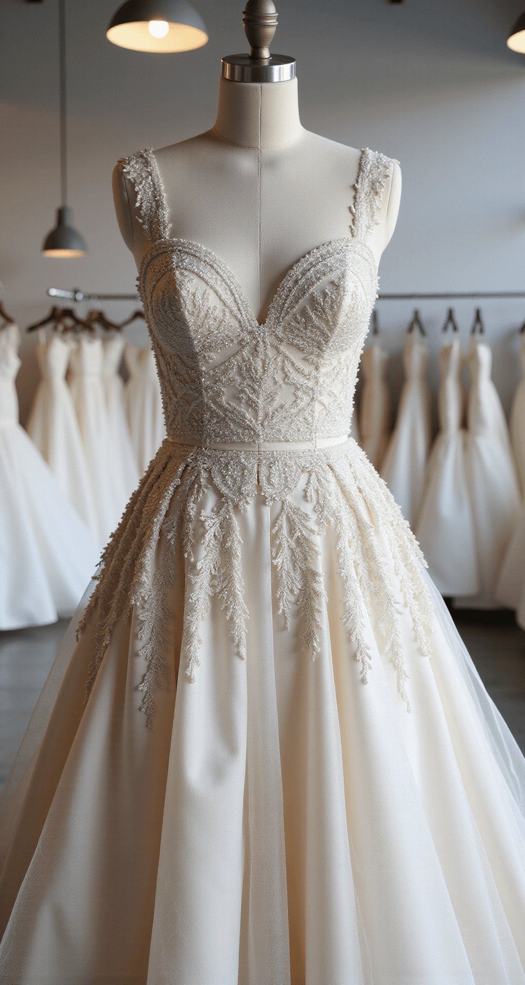 Close-up detail of a modern princess gown in a minimalist bridal salon, showcasing geometric lace patterns and a mixed-texture bodice. Dramatic shadows from industrial pendant lights enhance the elegant design.
