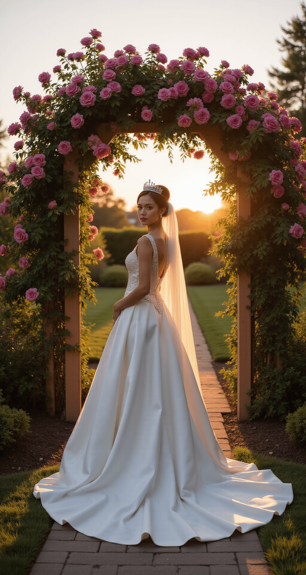 Bride in a classic princess silhouette stands against a blooming rose archway at twilight, wearing a tiara and a cathedral veil, with a simple satin ballgown that has subtle sparkles, captured with soft natural backlight.