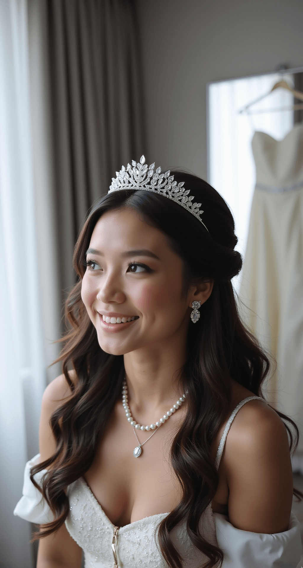 Detail shot of vintage crystal tiara, pearl drop earrings, and delicate necklace on a mirrored vanity, with soft mid-morning light filtering through sheer curtains; blurred background features a hanging princess gown.