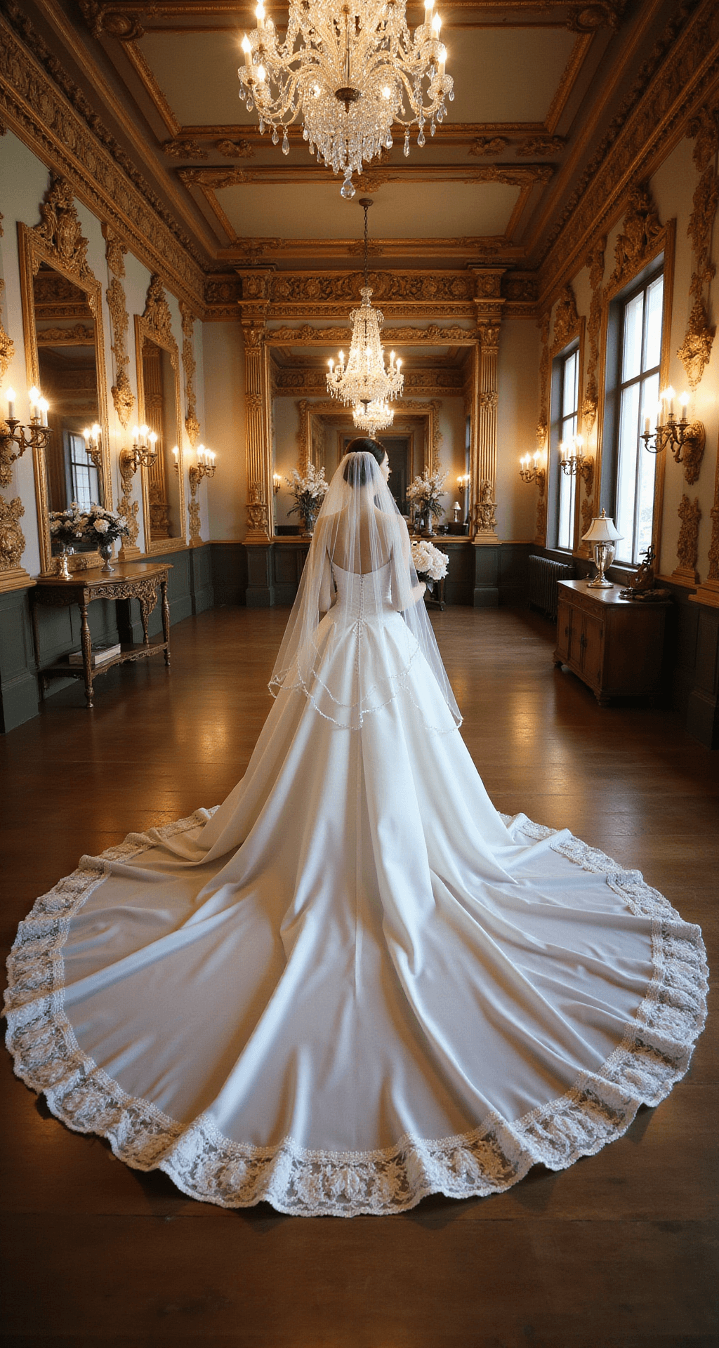 Bride in a dramatic beaded ballgown with a 10-foot train and cathedral veil in a historic ballroom with ornate gilded mirrors and crystal chandeliers, captured from a balcony perspective.