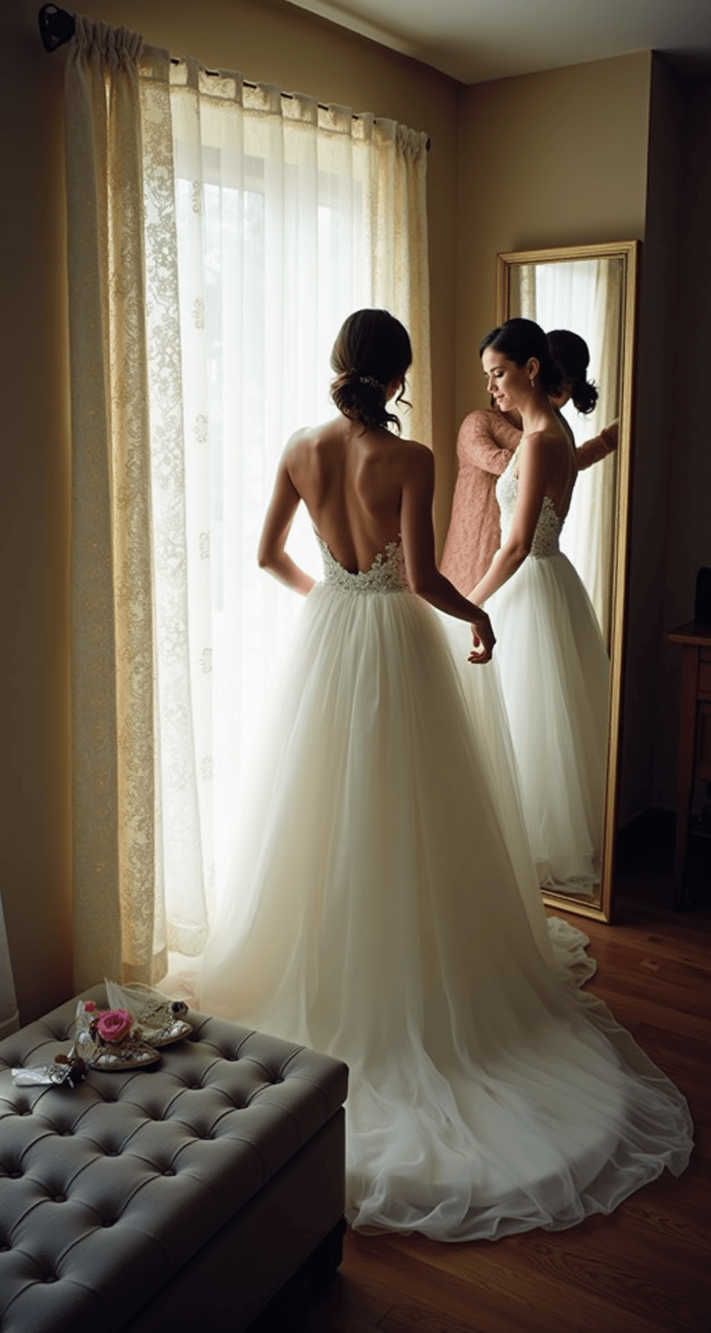 A bride admires her silhouette in a mirror as an assistant adjusts the layers of her tulle skirt in a cozy, intimate bridal boutique dressing room, with afternoon light filtering through lace curtains and scattered bridal accessories on a tufted ottoman.