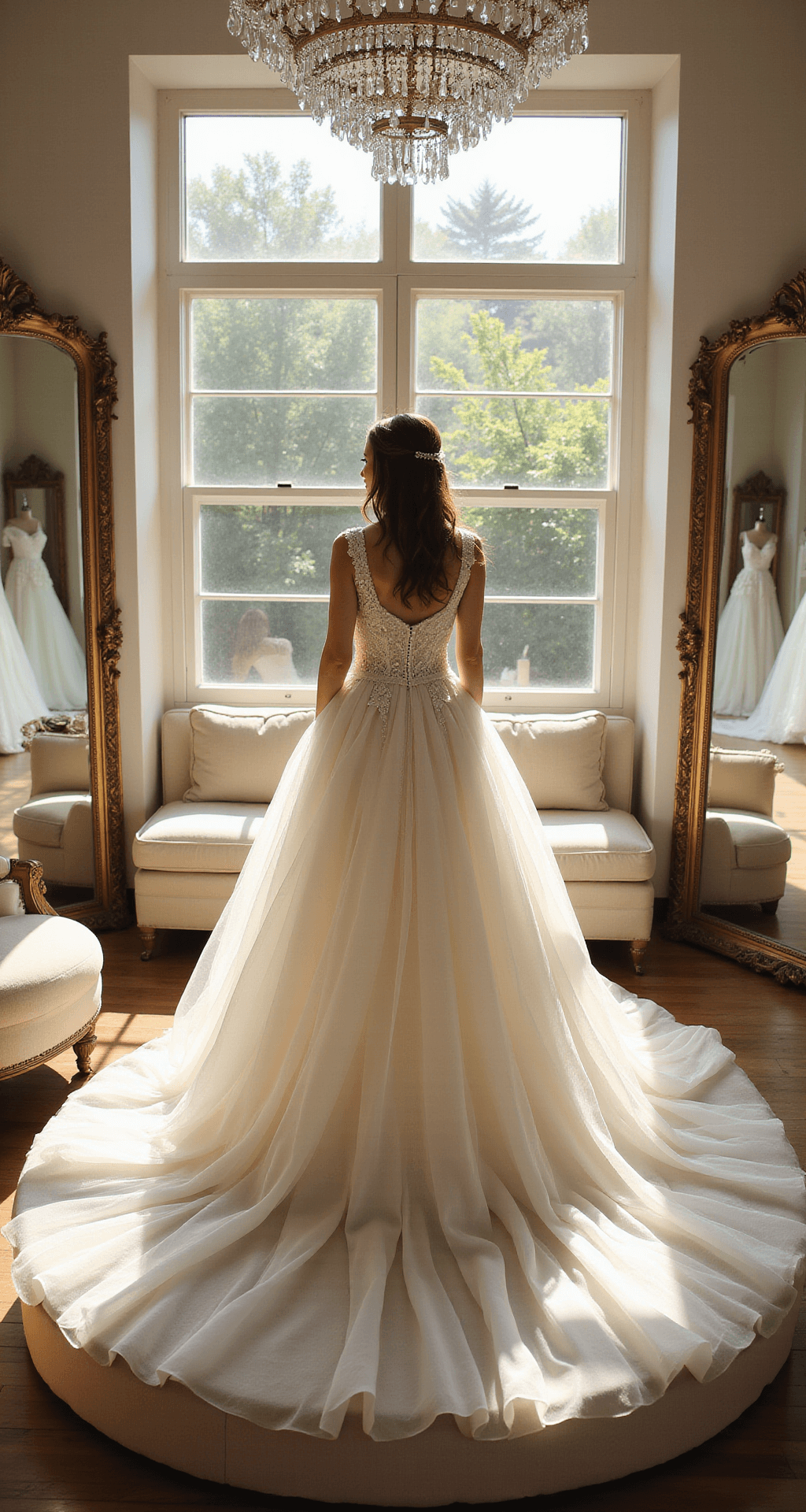 A bride in an ivory ballgown stands on a platform before triple mirrors in a sunlit bridal boutique, with a crystal chandelier casting light patterns on her dress, surrounded by plush cream seating and softly blurred wedding gowns.