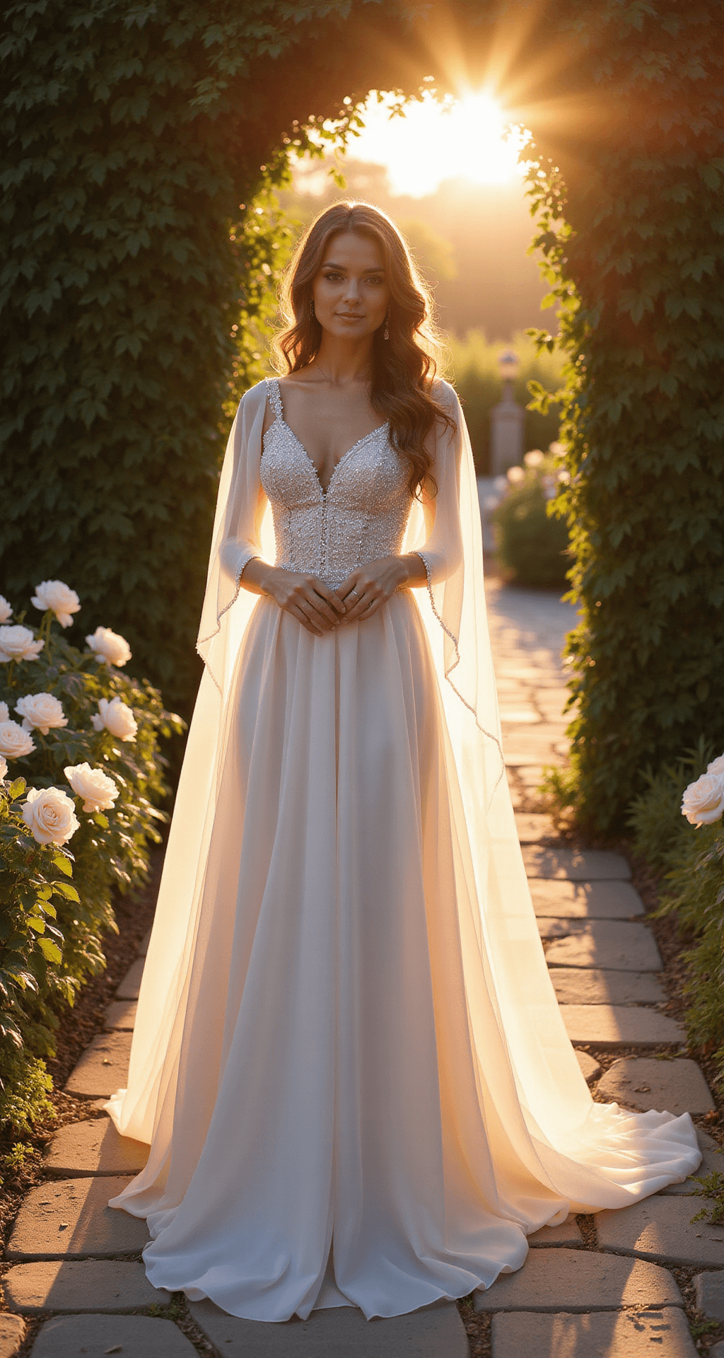 A bride in a flowing A-line gown with a beaded bodice and sheer cape stands in an ethereal garden during golden hour, her dress glowing in the late afternoon light. A stone pathway lined with blooming roses leads to an ivy-covered archway, captured from slightly below eye level with a soft peachy-golden color palette.