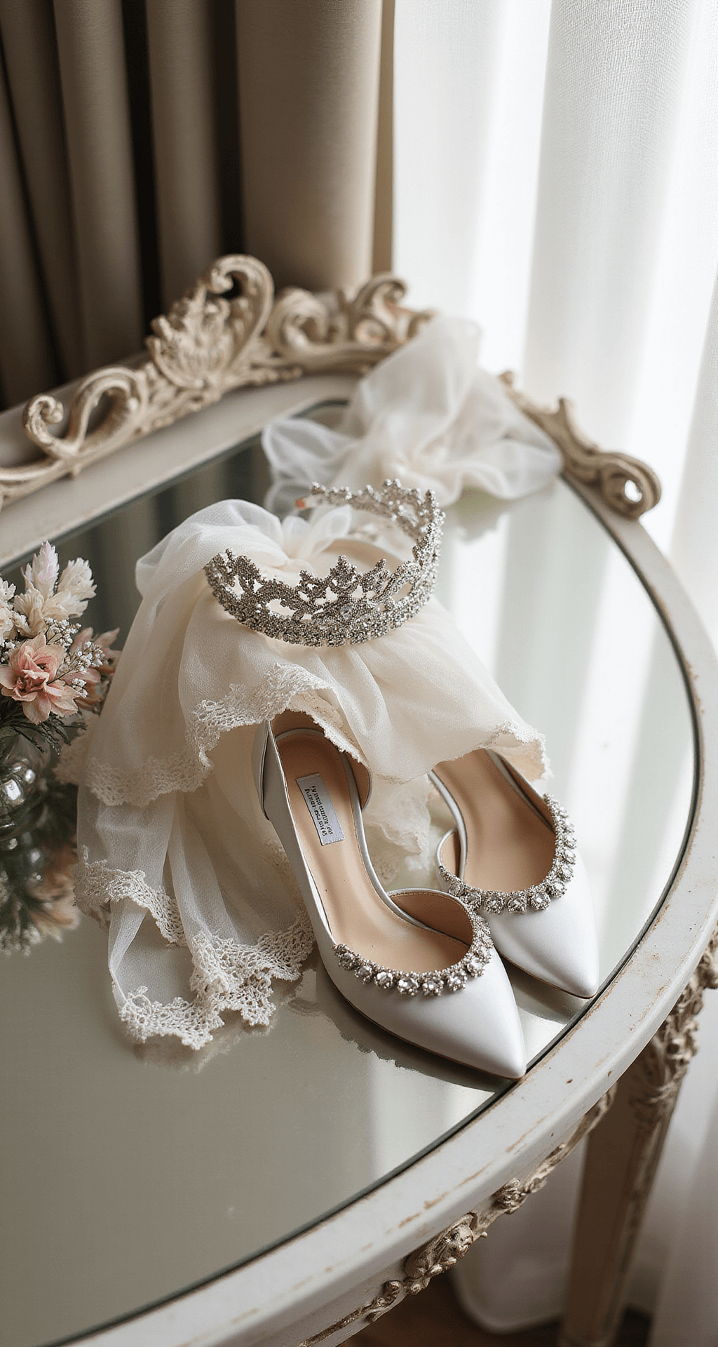 Close-up of a vintage mirrored vanity featuring wedding accessories: a crystal-encrusted tiara, pearl-drop earrings, delicate lace-trimmed veil, and satin shoes with crystal buckles, all illuminated by soft diffused light from sheer curtains. The scene is shot overhead with a dramatic depth of field, in a cream and silver color palette with crystal accents.
