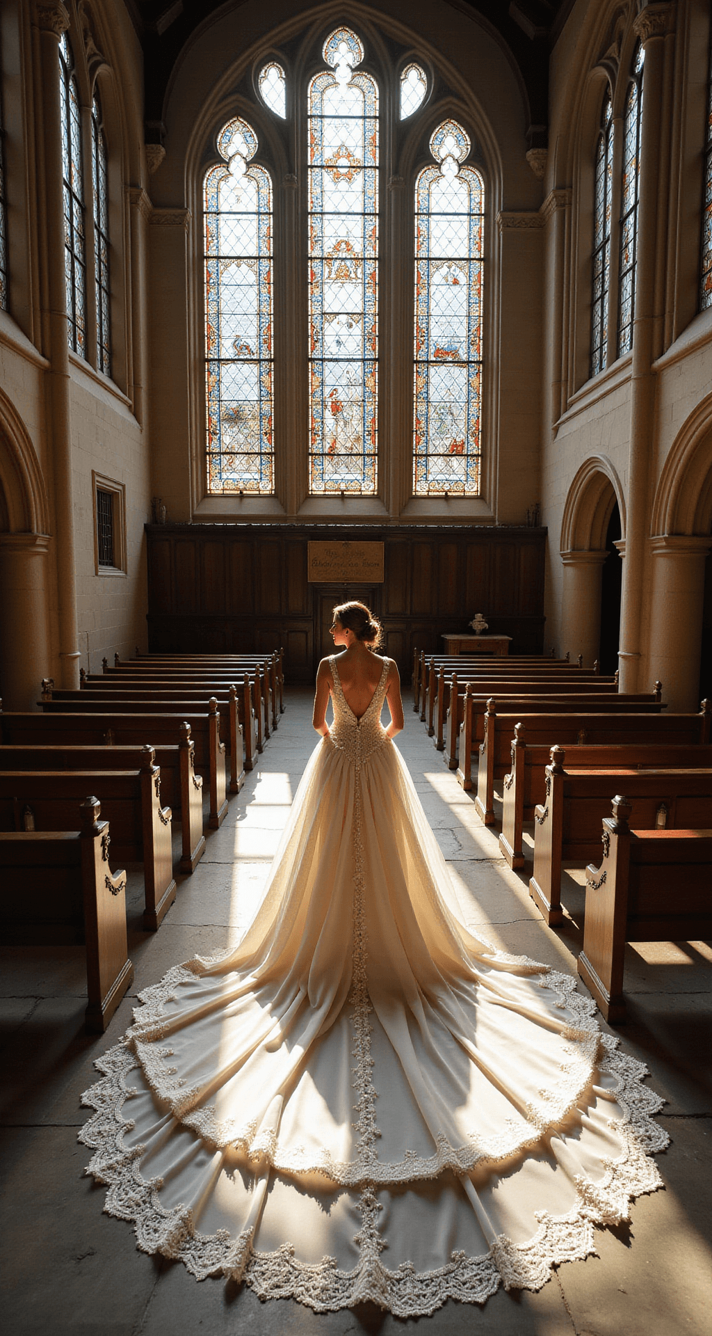 A breathtaking view of a Gothic cathedral interior, illuminated by mid-afternoon light streaming through vibrant stained glass windows. A bride in a dramatic ballgown with a 10-foot train is showcased, elegantly arranged in a spiral on the ancient stone floor. The dress features intricate embroidery and pearl accents that catch the colored light, creating a stunning visual. The shot is taken from a balcony level, balancing architectural detail and the rich jewel tones of the scene.