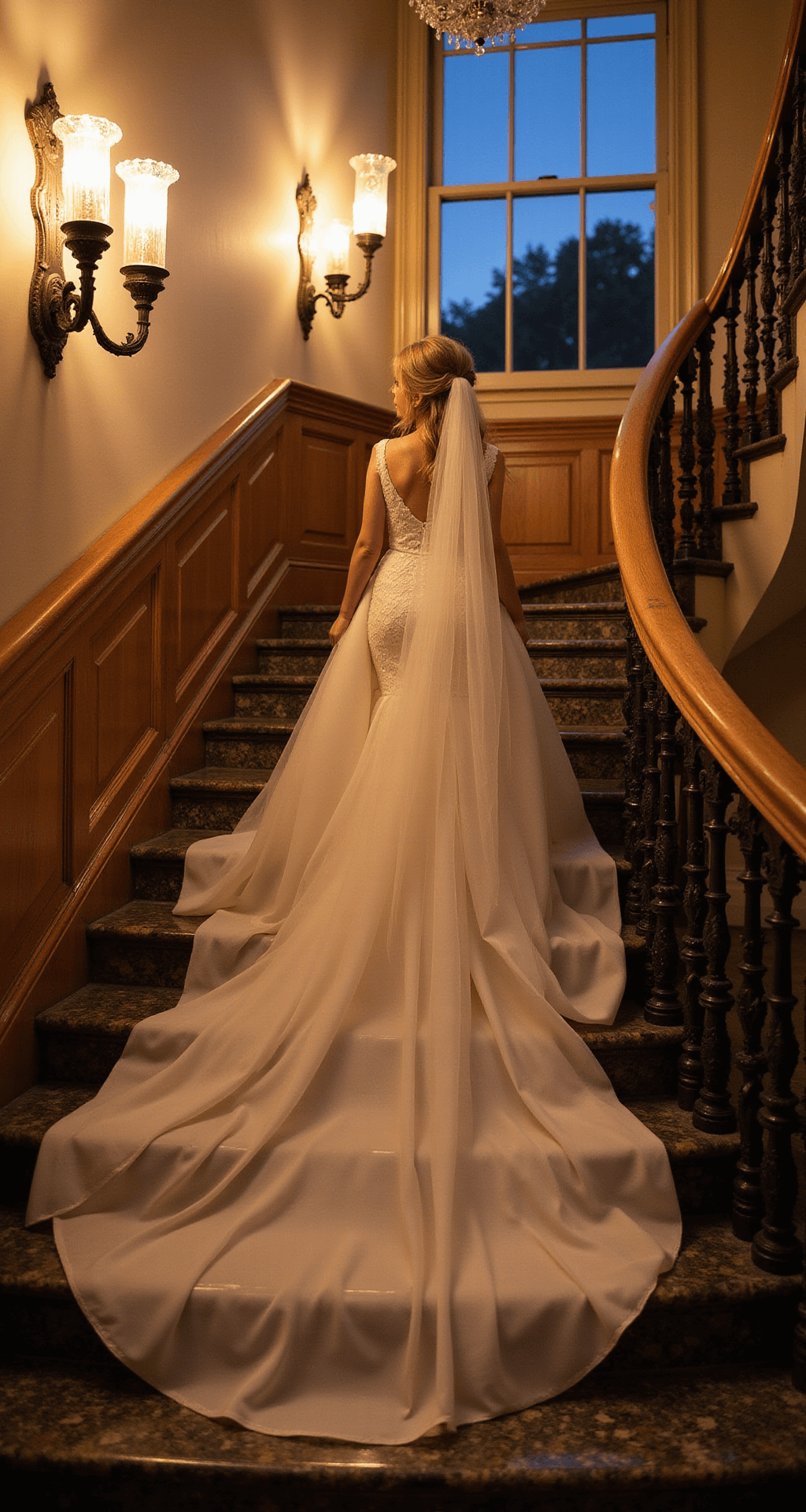 Bride in a fitted lace gown with a dramatic tulle overskirt descends ornate marble staircase in a historic mansion at twilight, cathedral veil floating behind her, illuminated by warm vintage crystal sconces. Shot from below to highlight the movement of the dress and architectural details in warm cream and gold tones.
